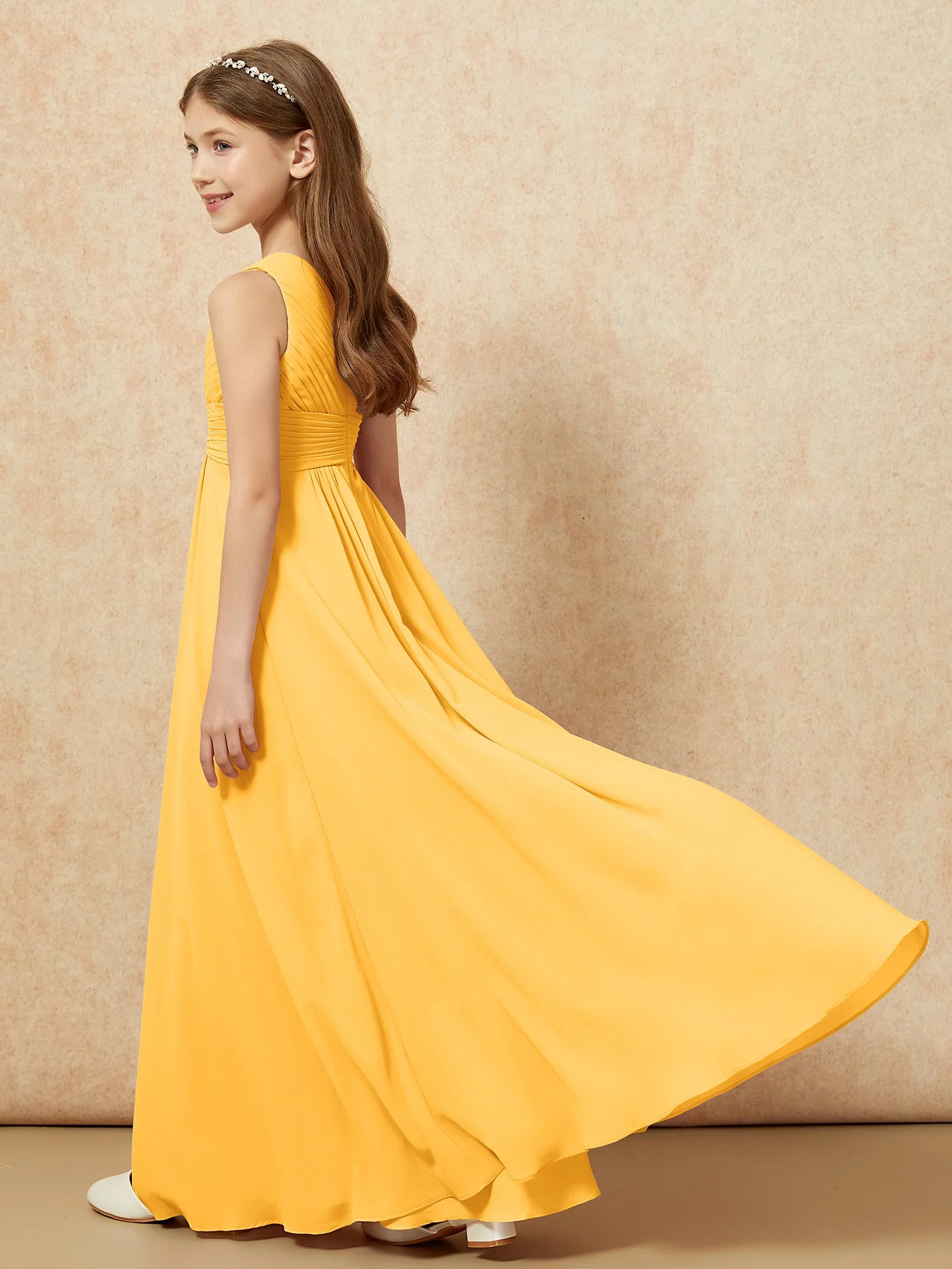 Chiffon Plissee Junge Brautjungfernkleid mit Schulterteil Mandarine - Image 6