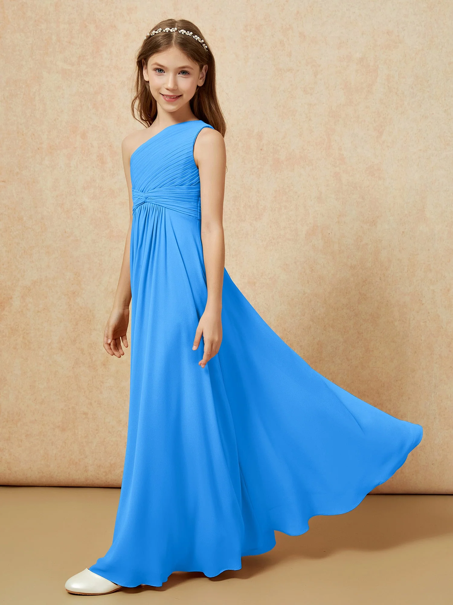 Chiffon Plissee Junge Brautjungfernkleid mit Schulterteil Meerblau - Image 3