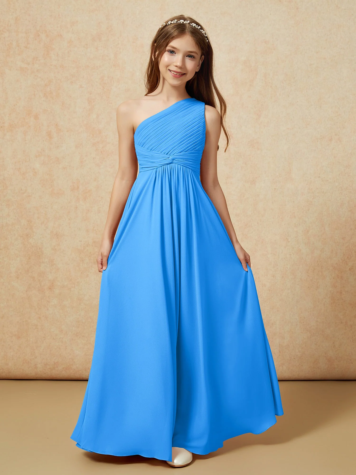 Chiffon Plissee Junge Brautjungfernkleid mit Schulterteil Meerblau - Image 4