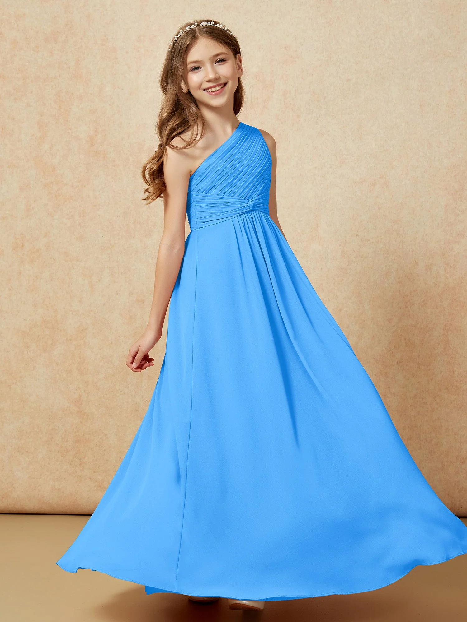 Chiffon Plissee Junge Brautjungfernkleid mit Schulterteil Meerblau - Image 5