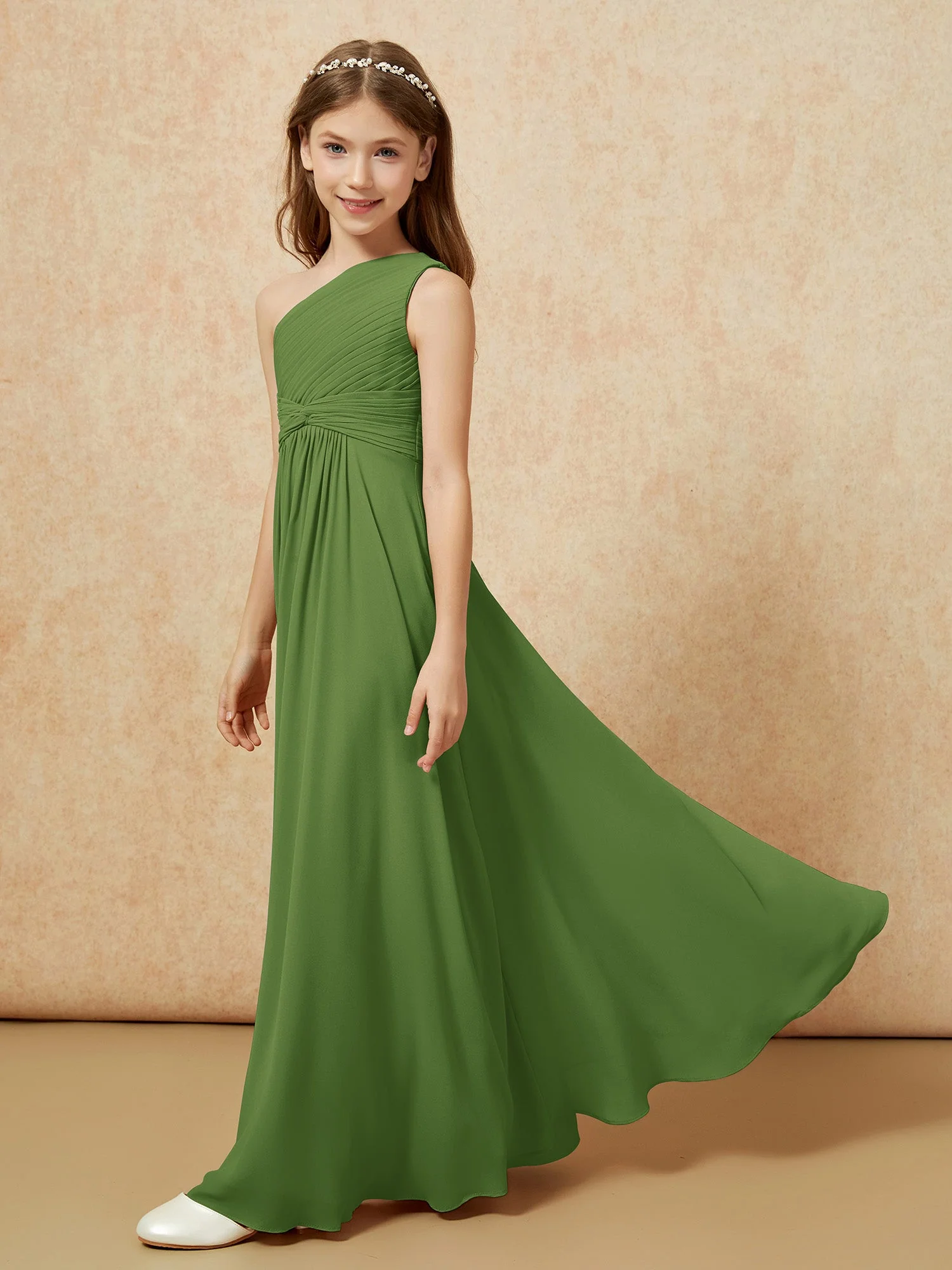Chiffon Plissee Junge Brautjungfernkleid mit Schulterteil Moos - Image 3