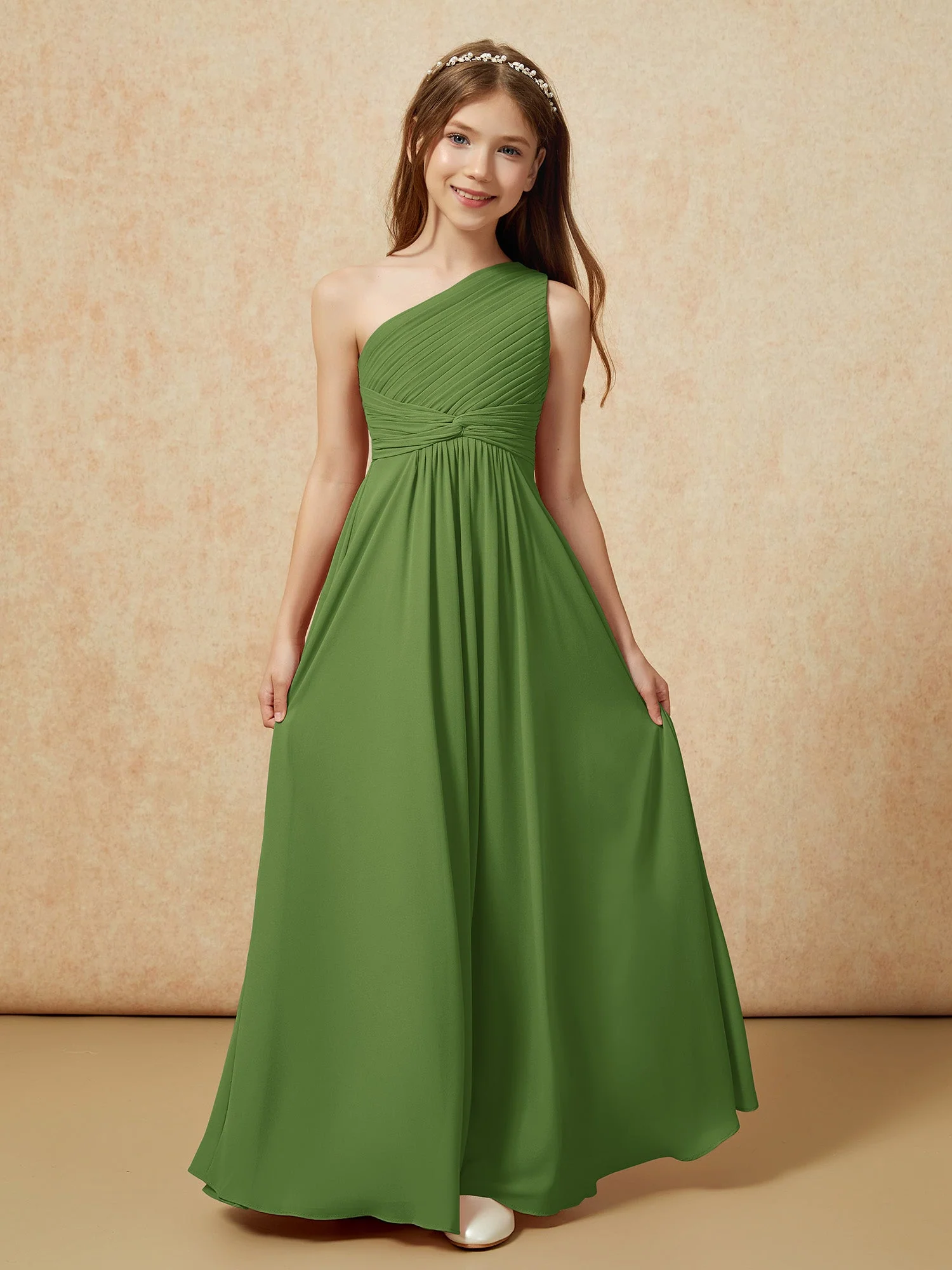 Chiffon Plissee Junge Brautjungfernkleid mit Schulterteil Moos - Image 4