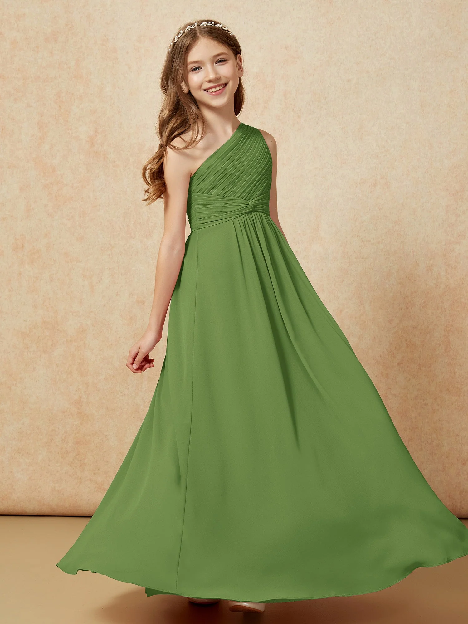 Chiffon Plissee Junge Brautjungfernkleid mit Schulterteil Moos - Image 5