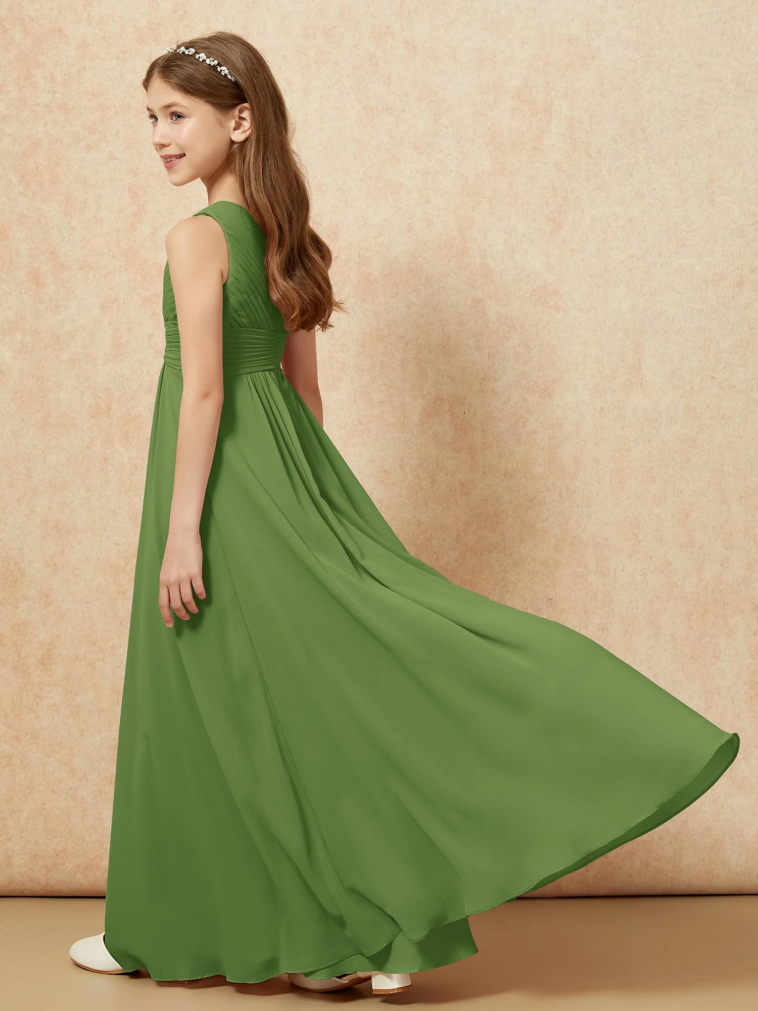 Chiffon Plissee Junge Brautjungfernkleid mit Schulterteil Moos - Image 6