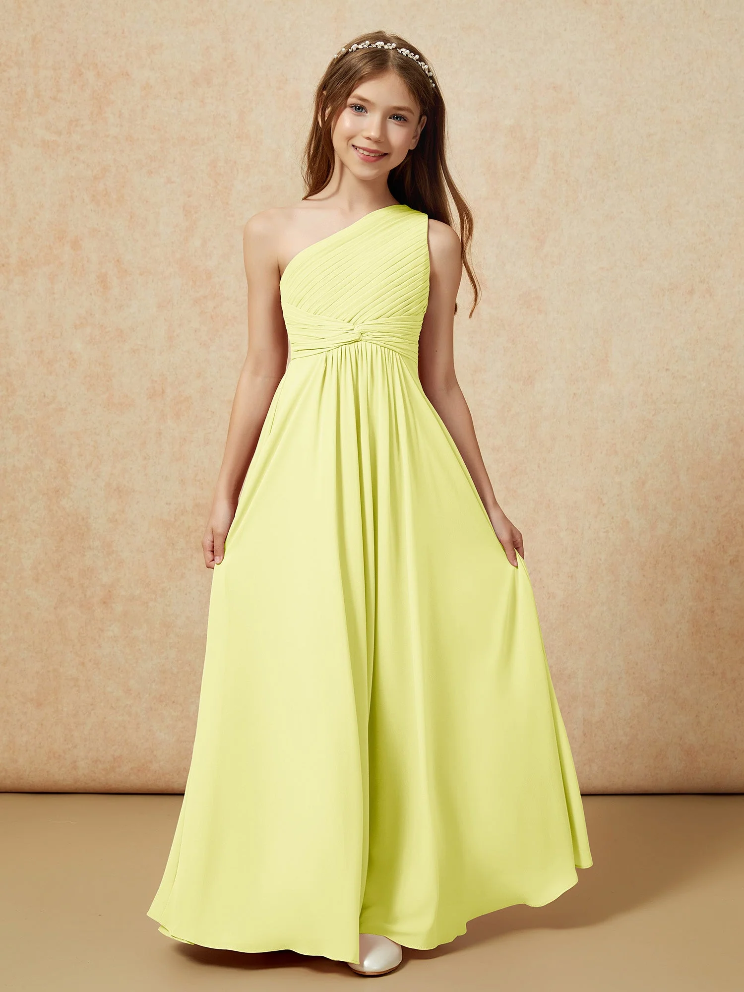Chiffon Plissee Junge Brautjungfernkleid mit Schulterteil Narzisse - Image 4
