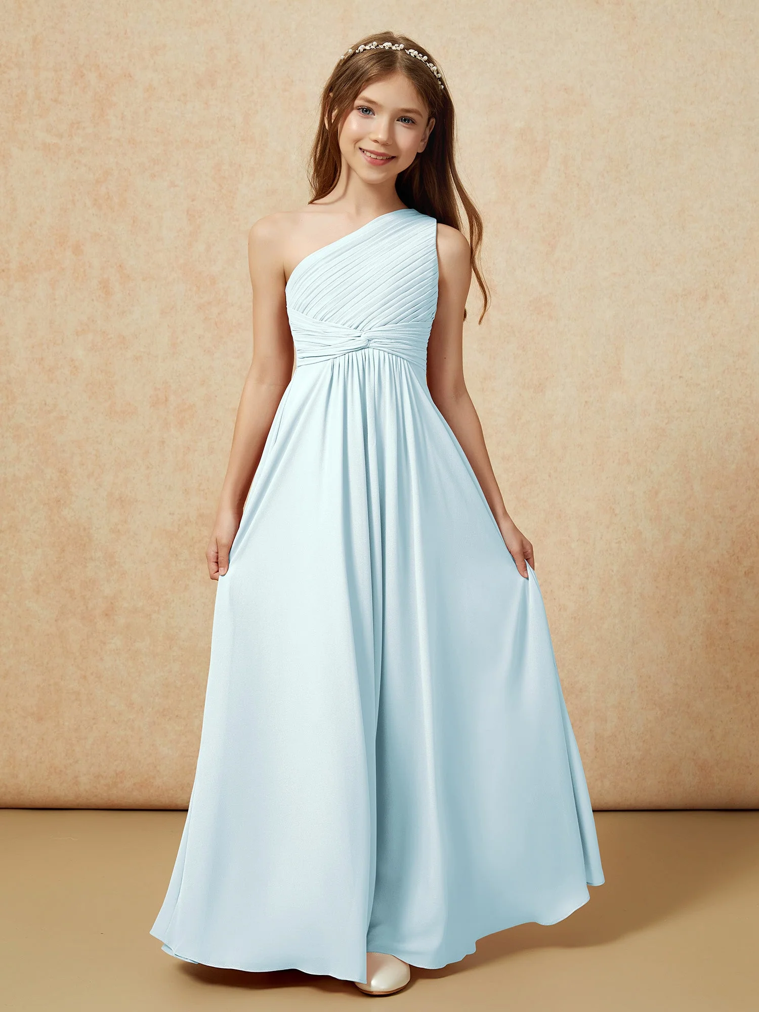 Chiffon Plissee Junge Brautjungfernkleid mit Schulterteil Nebel - Image 4