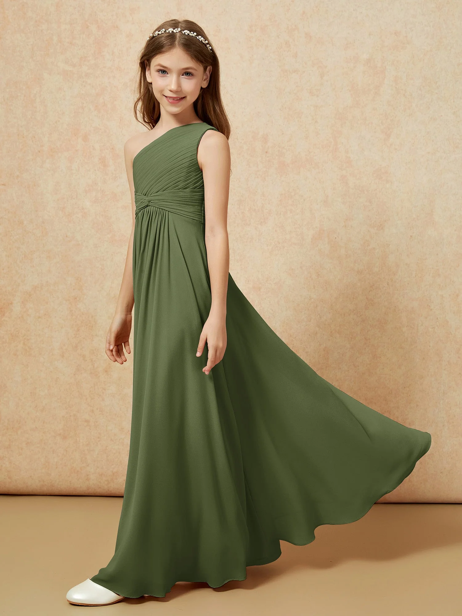 Chiffon Plissee Junge Brautjungfernkleid mit Schulterteil Olivgrün - Image 3