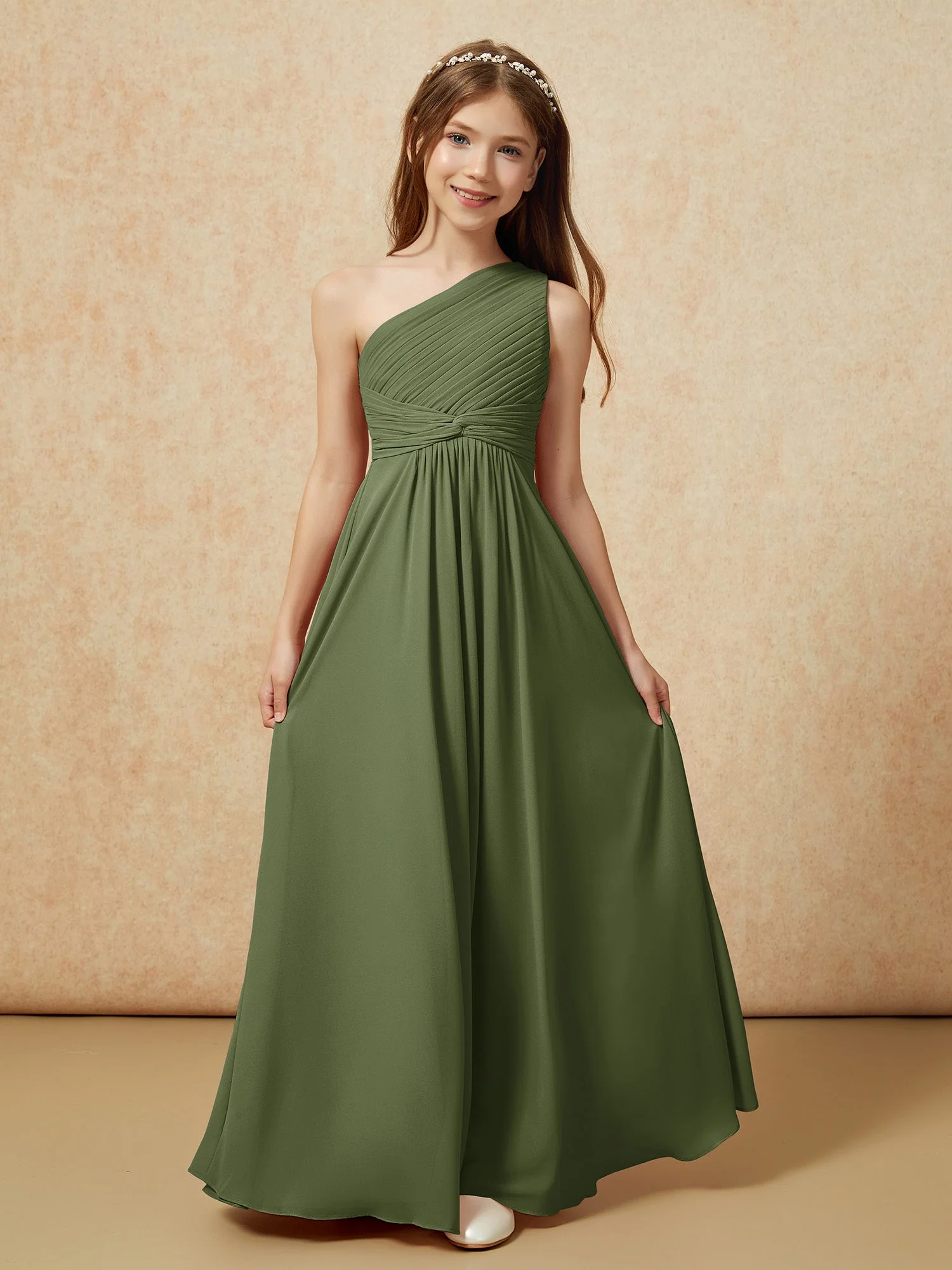 Chiffon Plissee Junge Brautjungfernkleid mit Schulterteil Olivgrün - Image 4