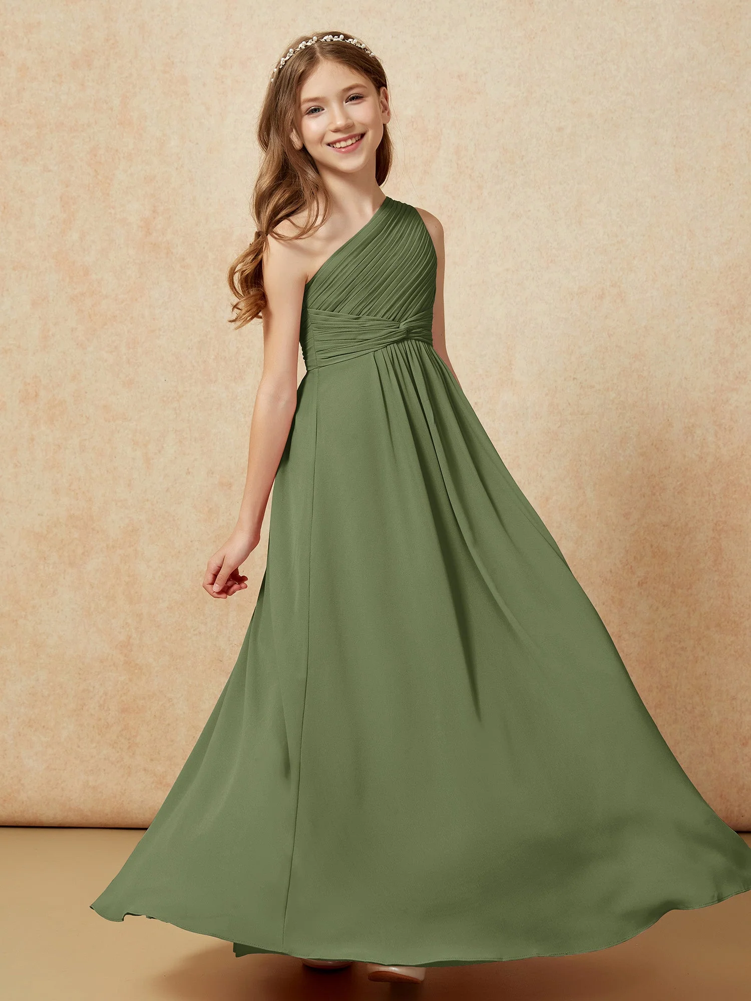 Chiffon Plissee Junge Brautjungfernkleid mit Schulterteil Olivgrün - Image 5