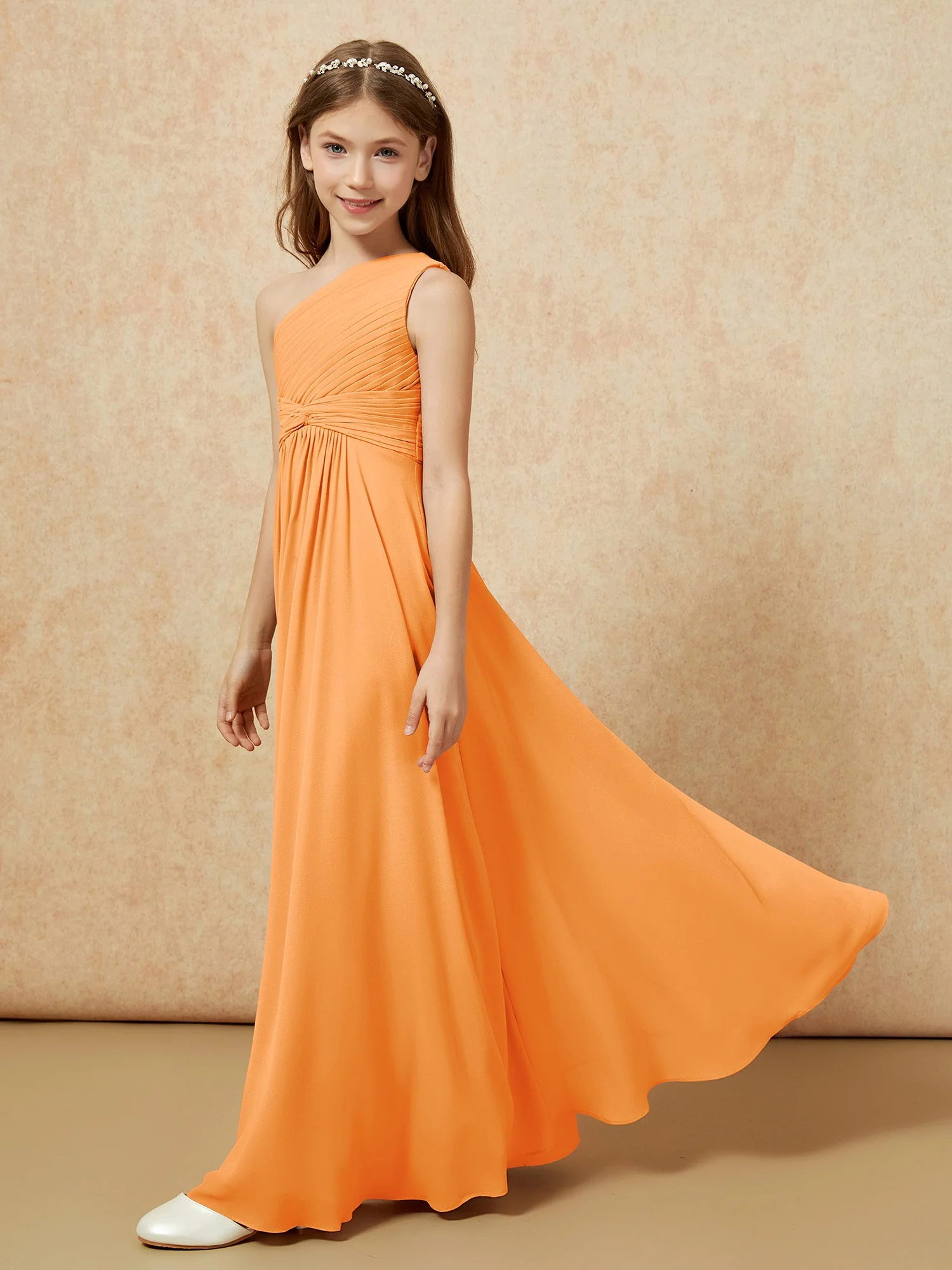 Chiffon Plissee Junge Brautjungfernkleid mit Schulterteil Orange - Image 3