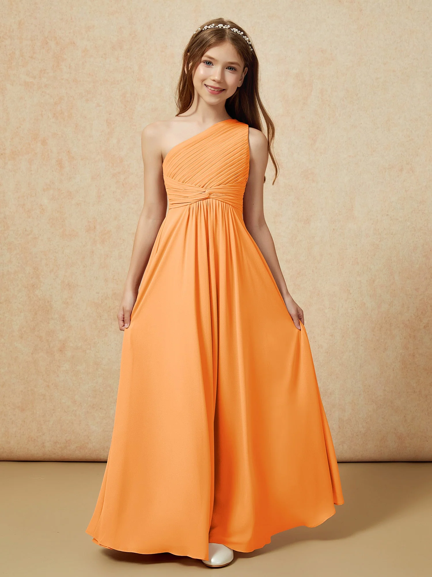 Chiffon Plissee Junge Brautjungfernkleid mit Schulterteil Orange - Image 4