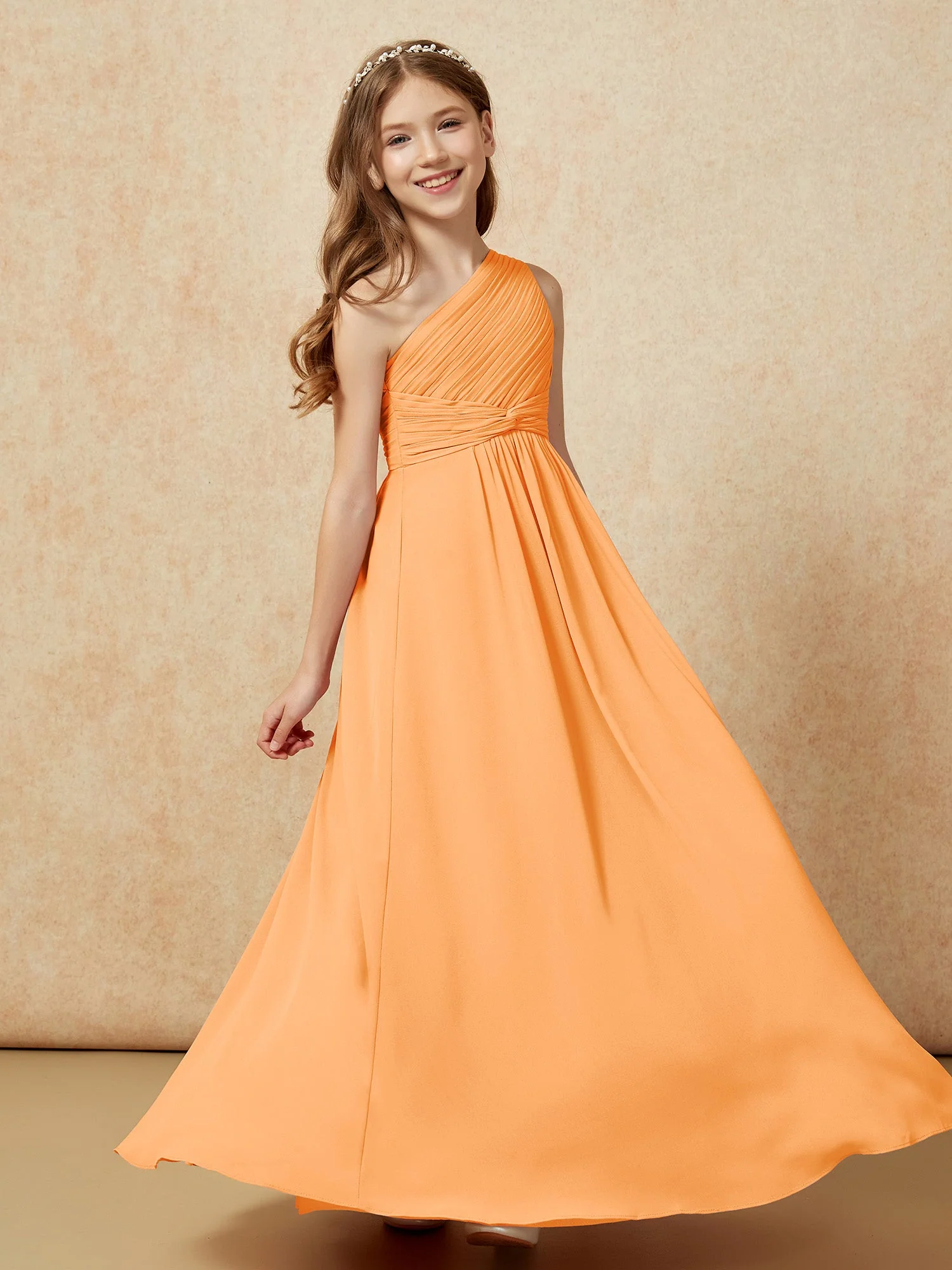 Chiffon Plissee Junge Brautjungfernkleid mit Schulterteil Orange - Image 5