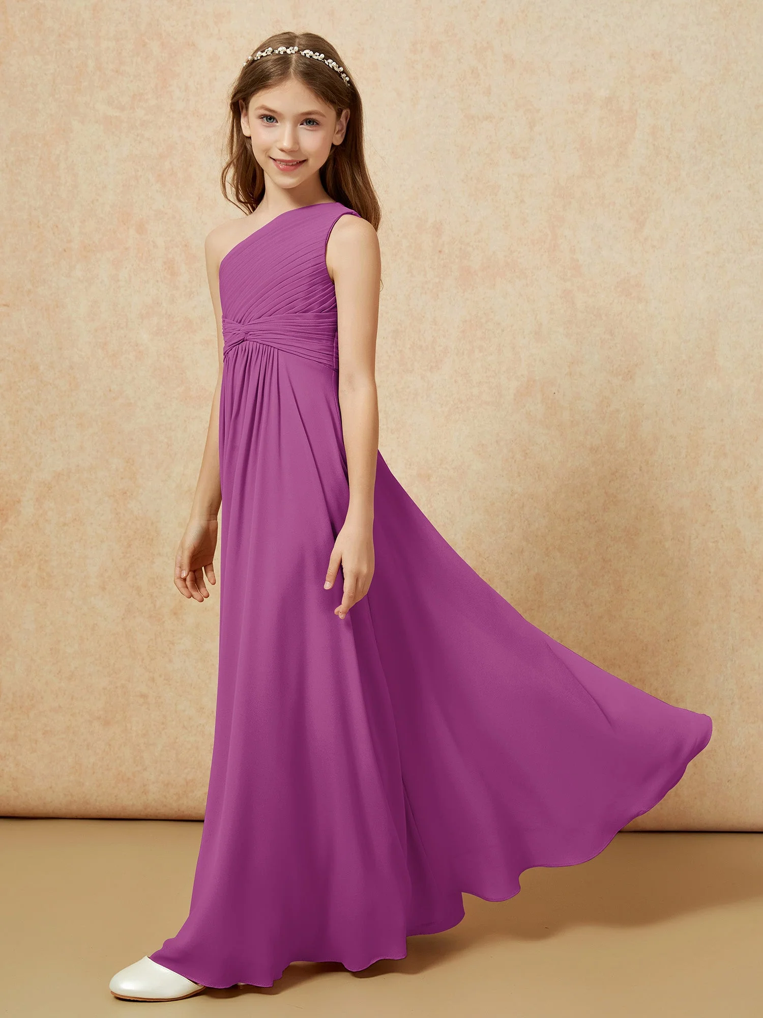 Chiffon Plissee Junge Brautjungfernkleid mit Schulterteil Orchidee - Image 3