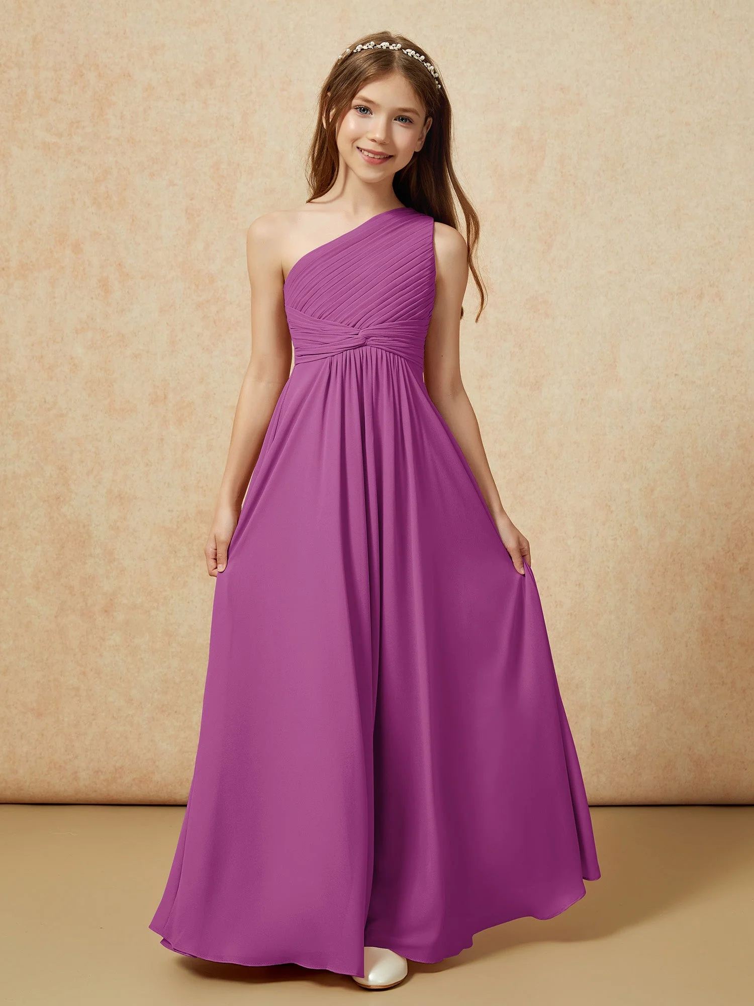 Chiffon Plissee Junge Brautjungfernkleid mit Schulterteil Orchidee - Image 4