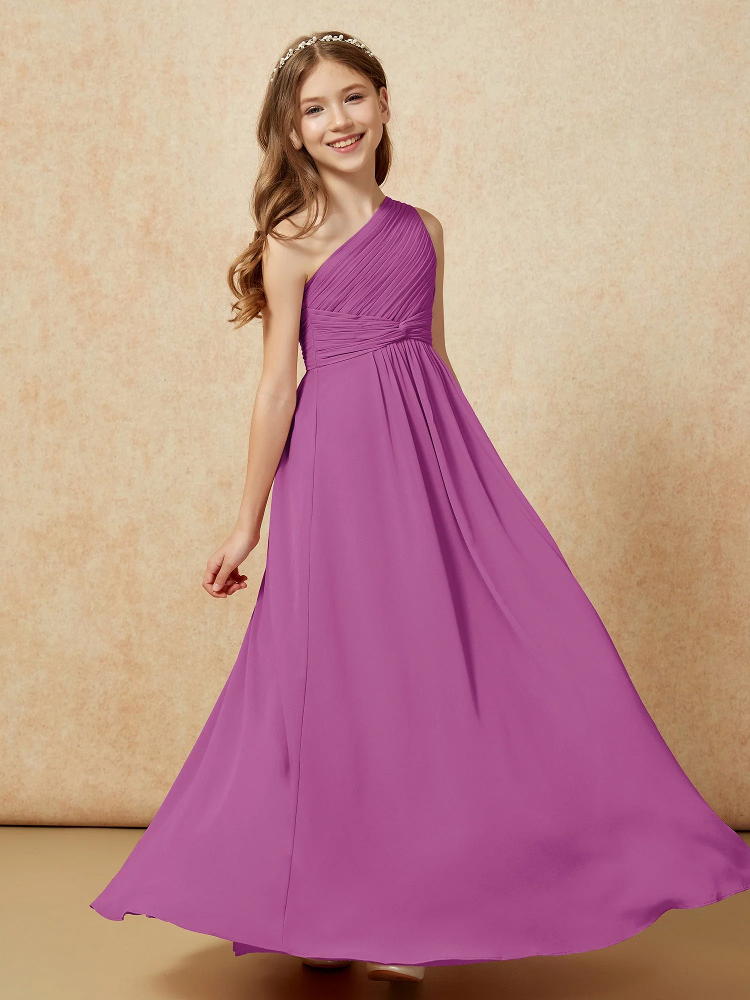 Chiffon Plissee Junge Brautjungfernkleid mit Schulterteil Orchidee - Image 5