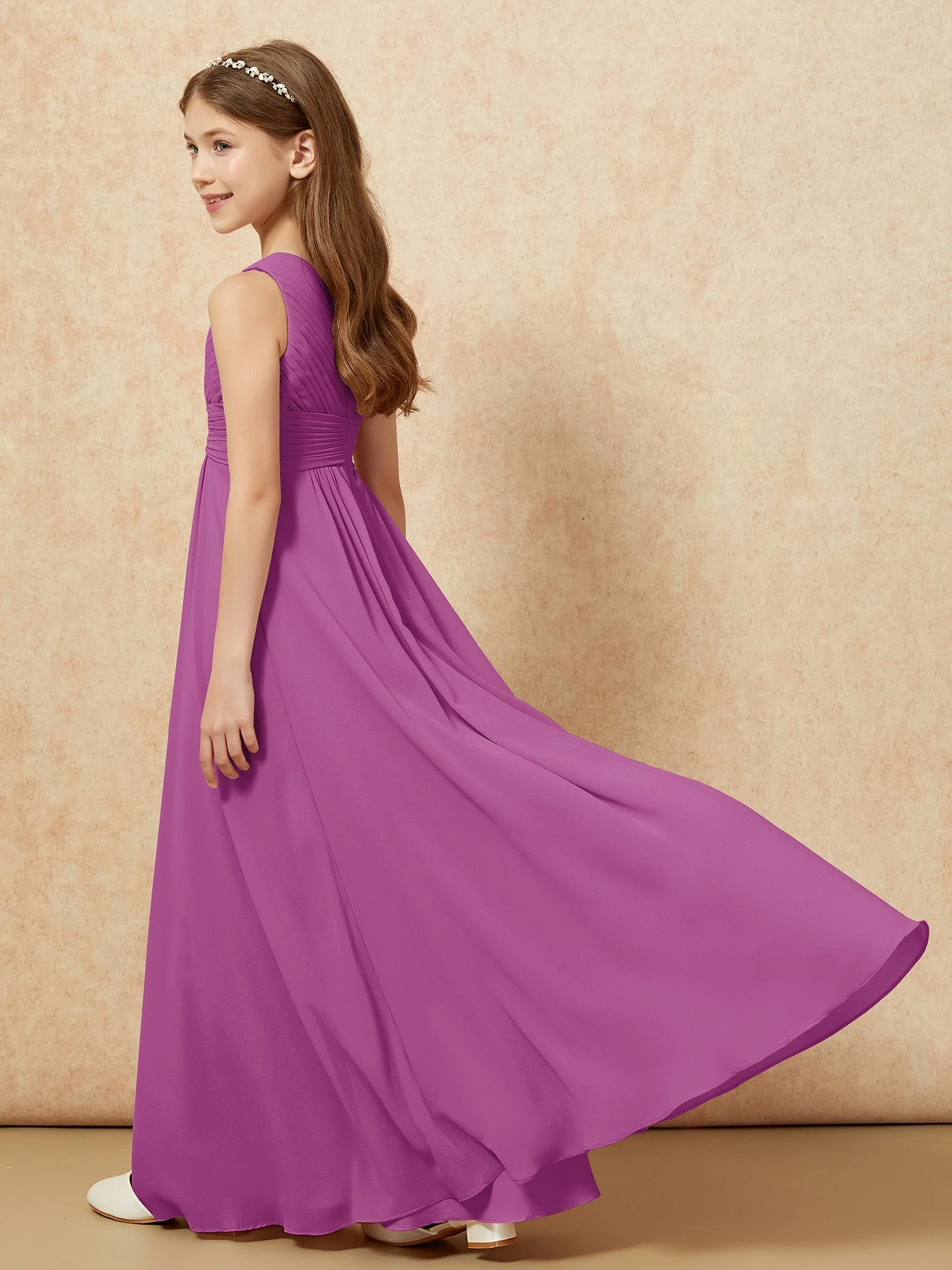 Chiffon Plissee Junge Brautjungfernkleid mit Schulterteil Orchidee - Image 6