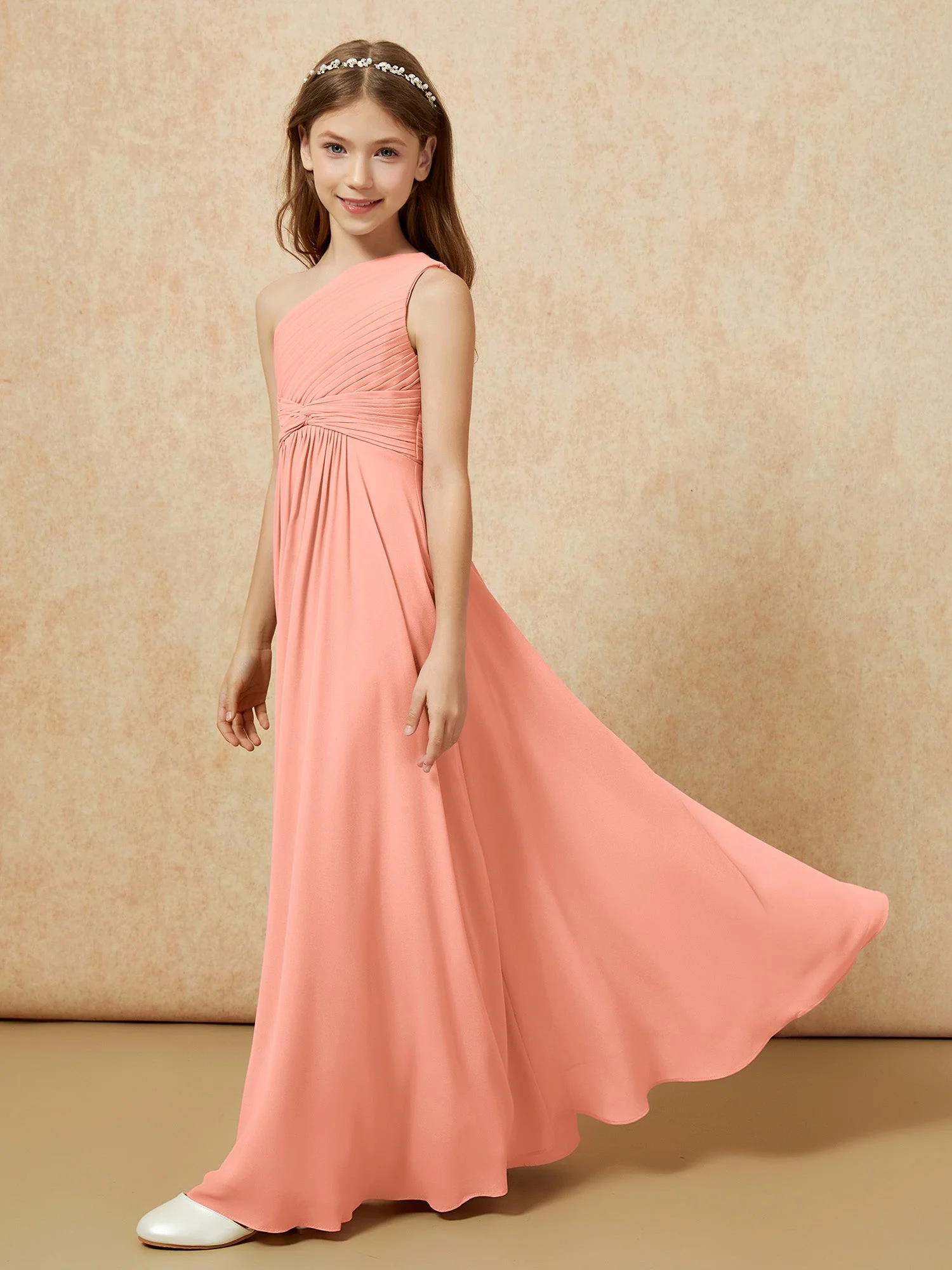 Chiffon Plissee Junge Brautjungfernkleid mit Schulterteil Papaya - Image 3