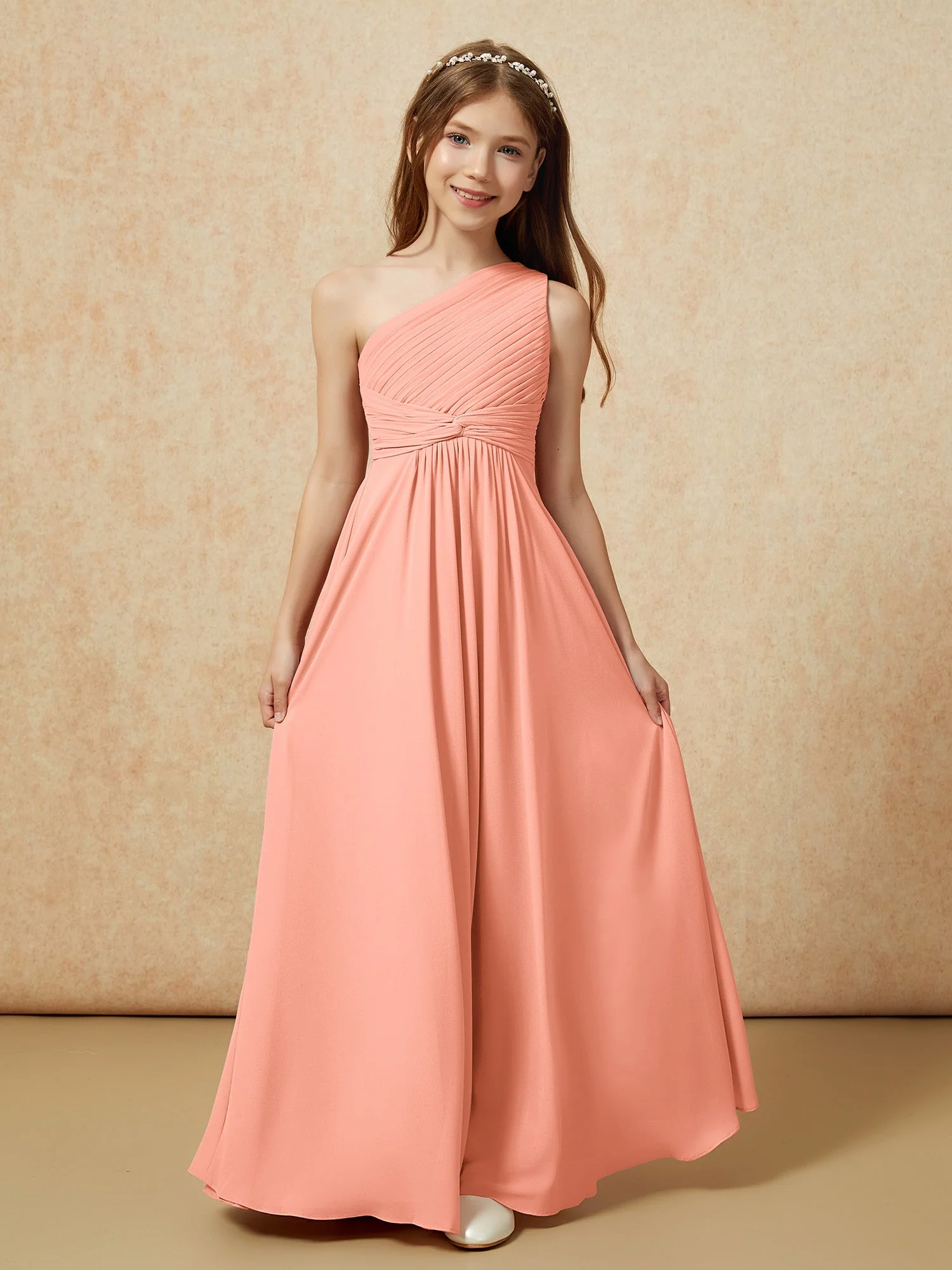 Chiffon Plissee Junge Brautjungfernkleid mit Schulterteil Papaya - Image 4