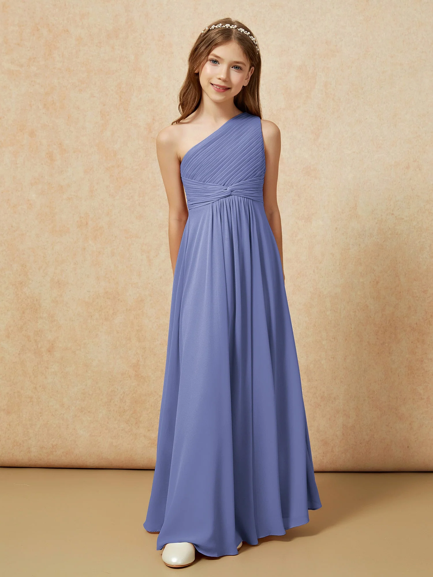 Chiffon Plissee Junge Brautjungfernkleid mit Schulterteil Periwinkleblau