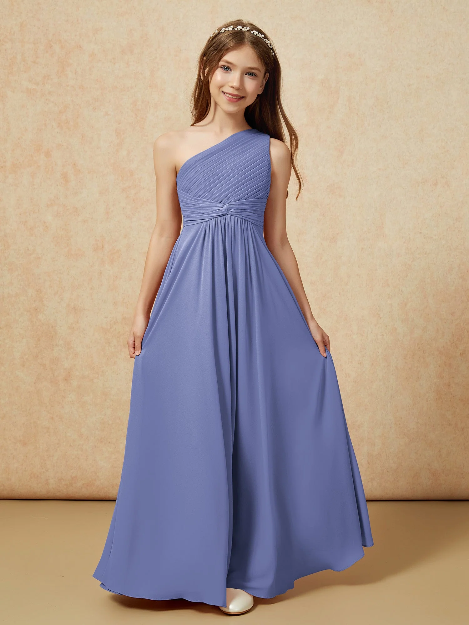 Chiffon Plissee Junge Brautjungfernkleid mit Schulterteil Periwinkleblau - Image 4