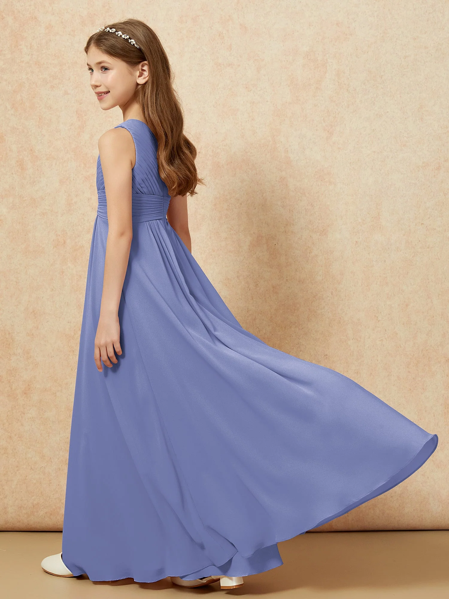 Chiffon Plissee Junge Brautjungfernkleid mit Schulterteil Periwinkleblau - Image 6