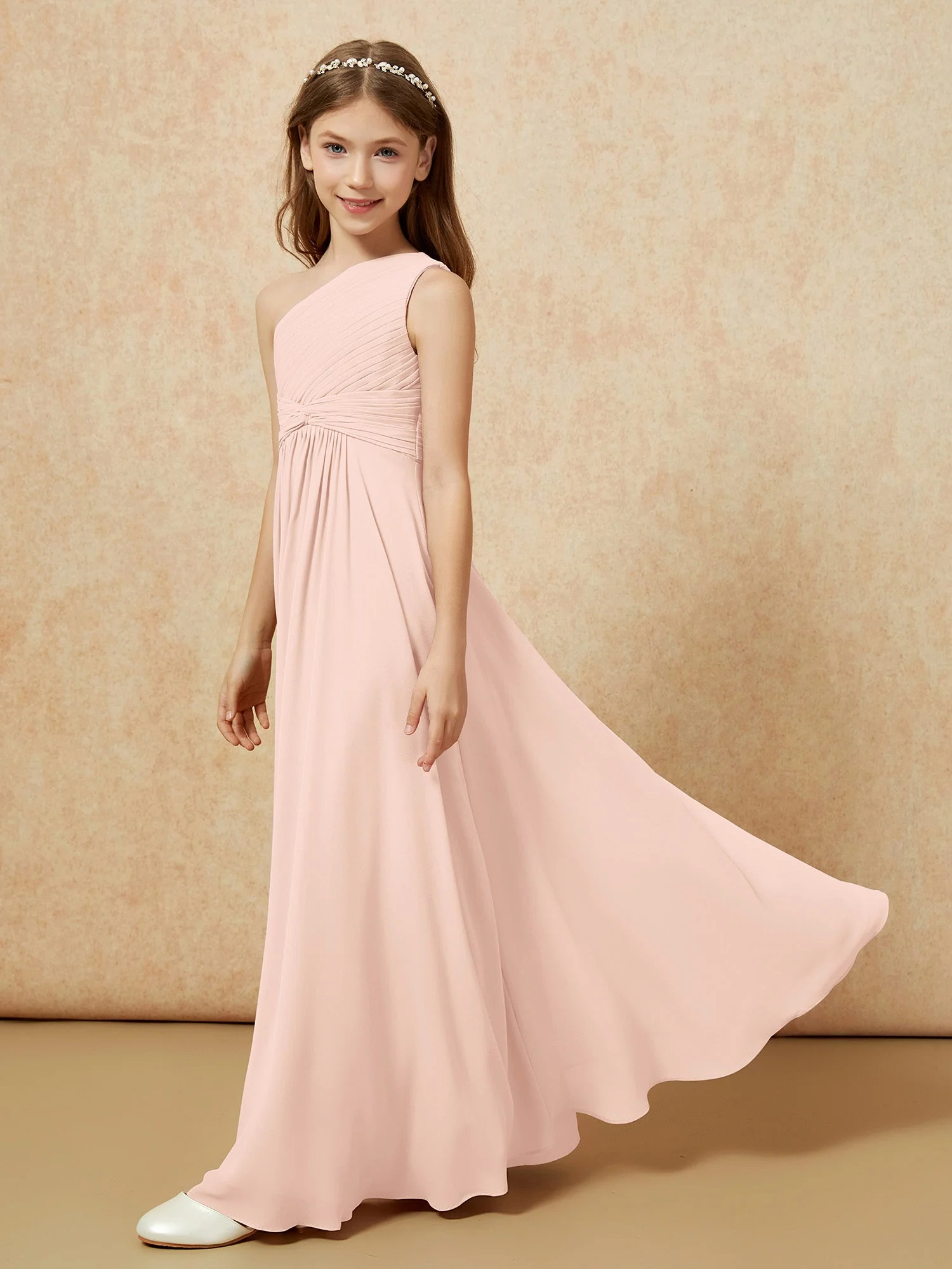 Chiffon Plissee Junge Brautjungfernkleid mit Schulterteil Perlrosa - Image 3
