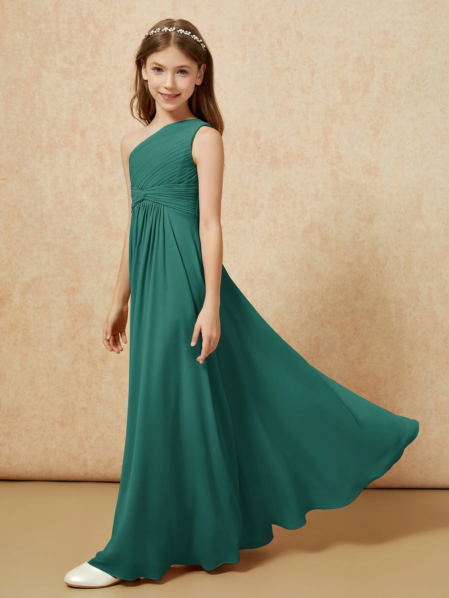 Chiffon Plissee Junge Brautjungfernkleid mit Schulterteil Pfau - Image 3
