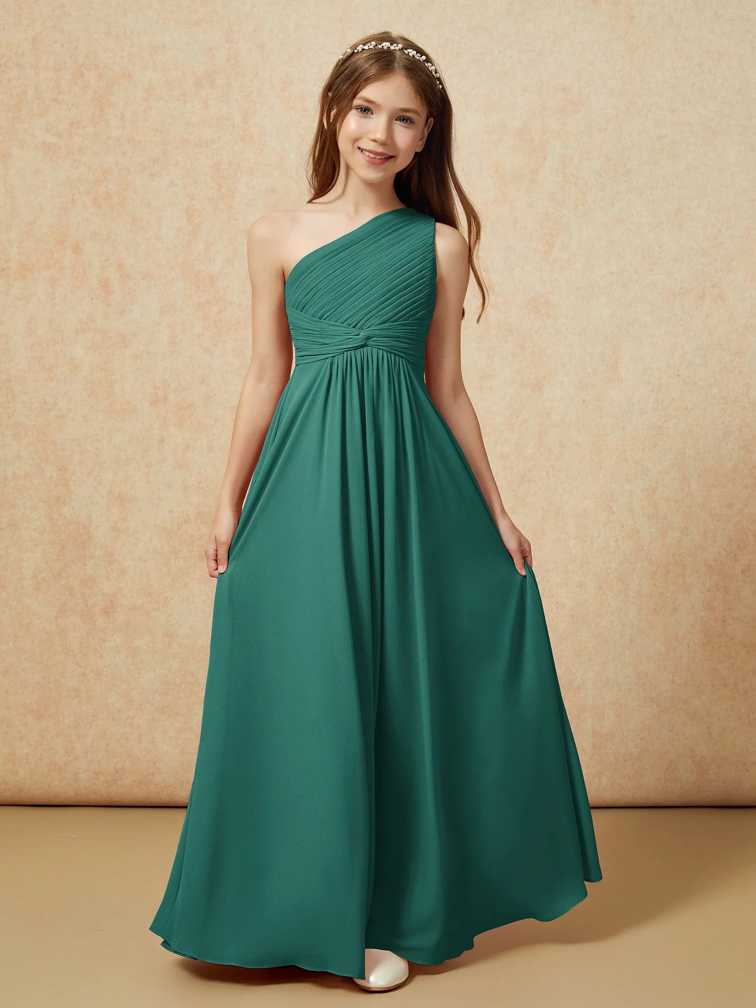 Chiffon Plissee Junge Brautjungfernkleid mit Schulterteil Pfau - Image 4