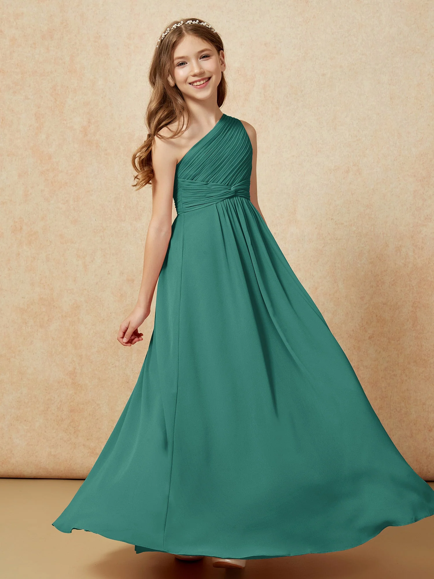 Chiffon Plissee Junge Brautjungfernkleid mit Schulterteil Pfau - Image 5