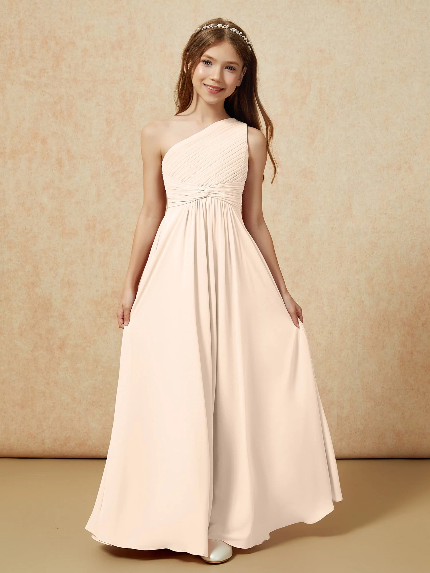 Chiffon Plissee Junge Brautjungfernkleid mit Schulterteil Pfirsich - Image 4
