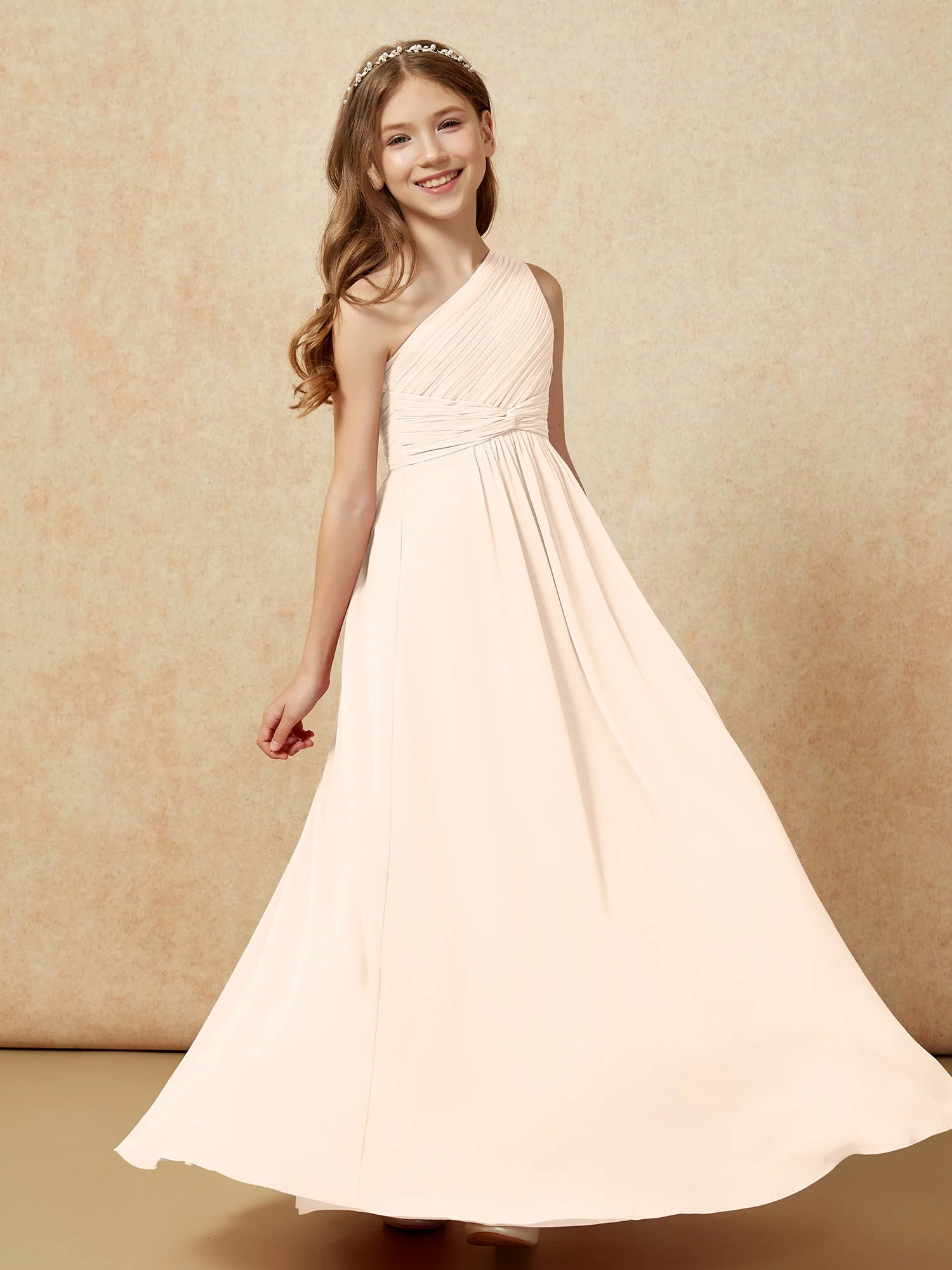 Chiffon Plissee Junge Brautjungfernkleid mit Schulterteil Pfirsich - Image 5