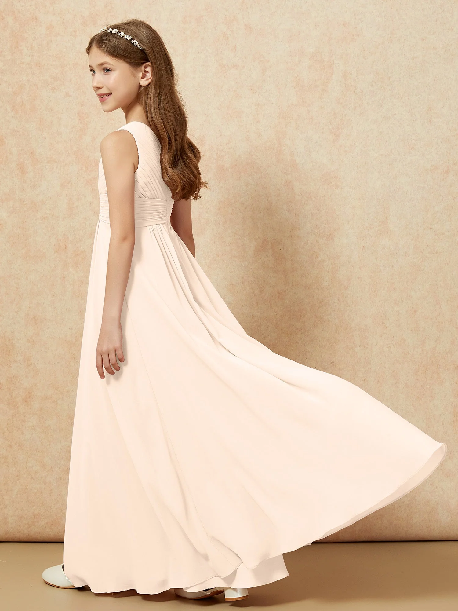 Chiffon Plissee Junge Brautjungfernkleid mit Schulterteil Pfirsich - Image 6