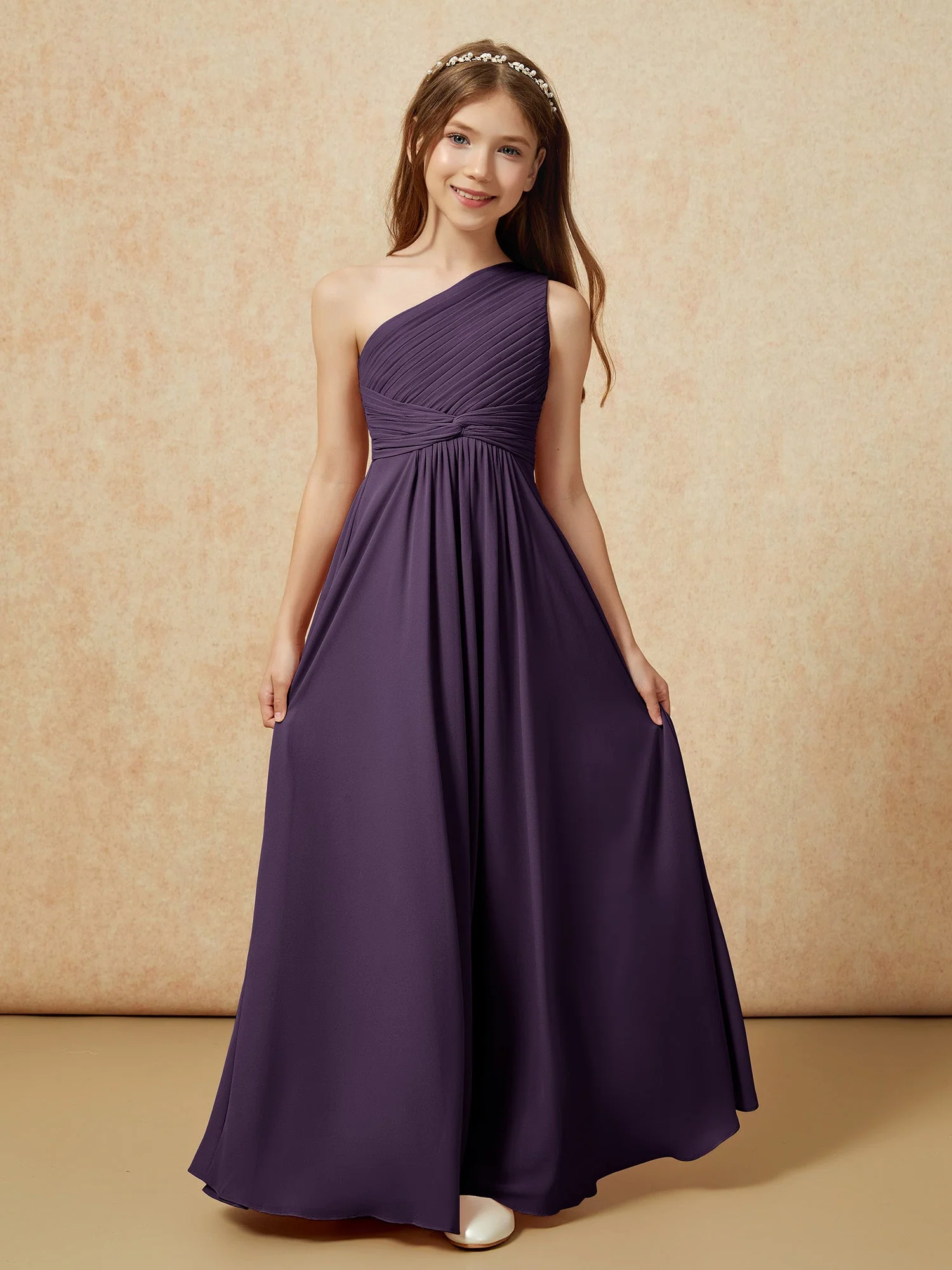 Chiffon Plissee Junge Brautjungfernkleid mit Schulterteil Plum - Image 4