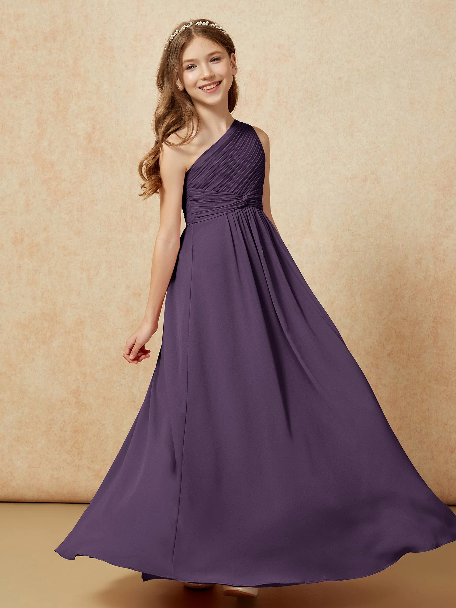 Chiffon Plissee Junge Brautjungfernkleid mit Schulterteil Plum - Image 5
