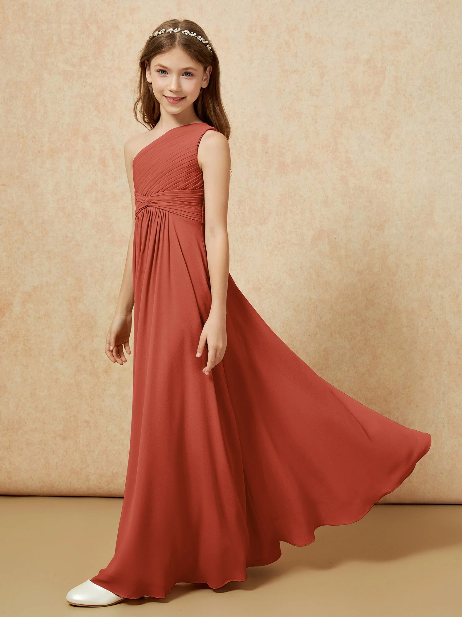 Chiffon Plissee Junge Brautjungfernkleid mit Schulterteil Rost - Image 3