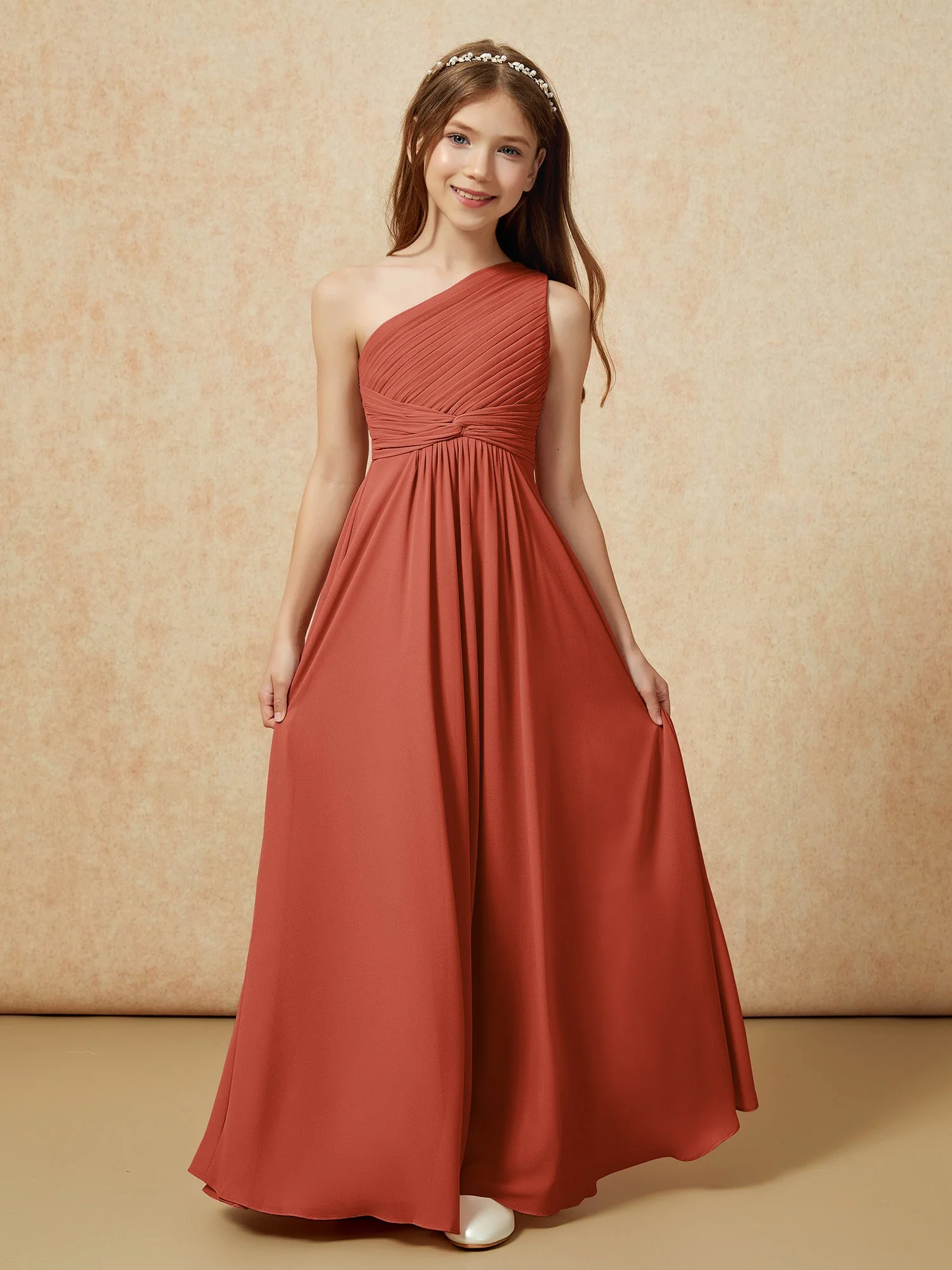 Chiffon Plissee Junge Brautjungfernkleid mit Schulterteil Rost - Image 4
