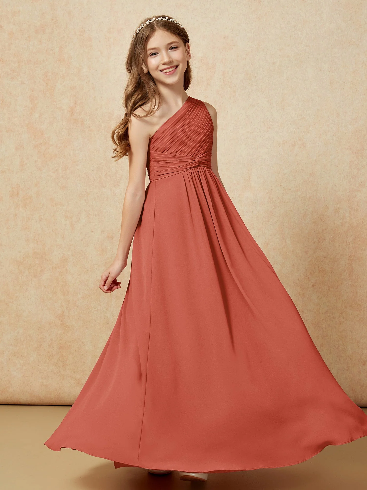 Chiffon Plissee Junge Brautjungfernkleid mit Schulterteil Rost - Image 5