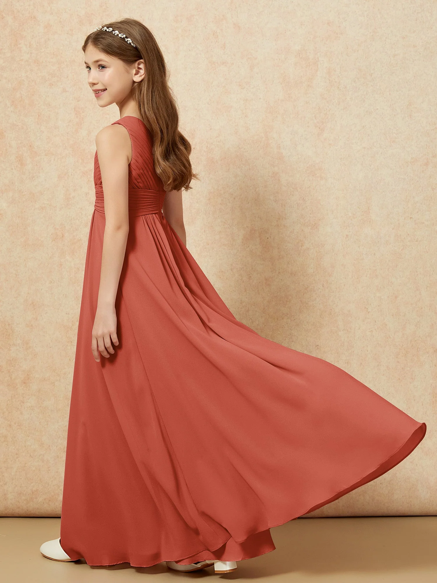 Chiffon Plissee Junge Brautjungfernkleid mit Schulterteil Rost - Image 6