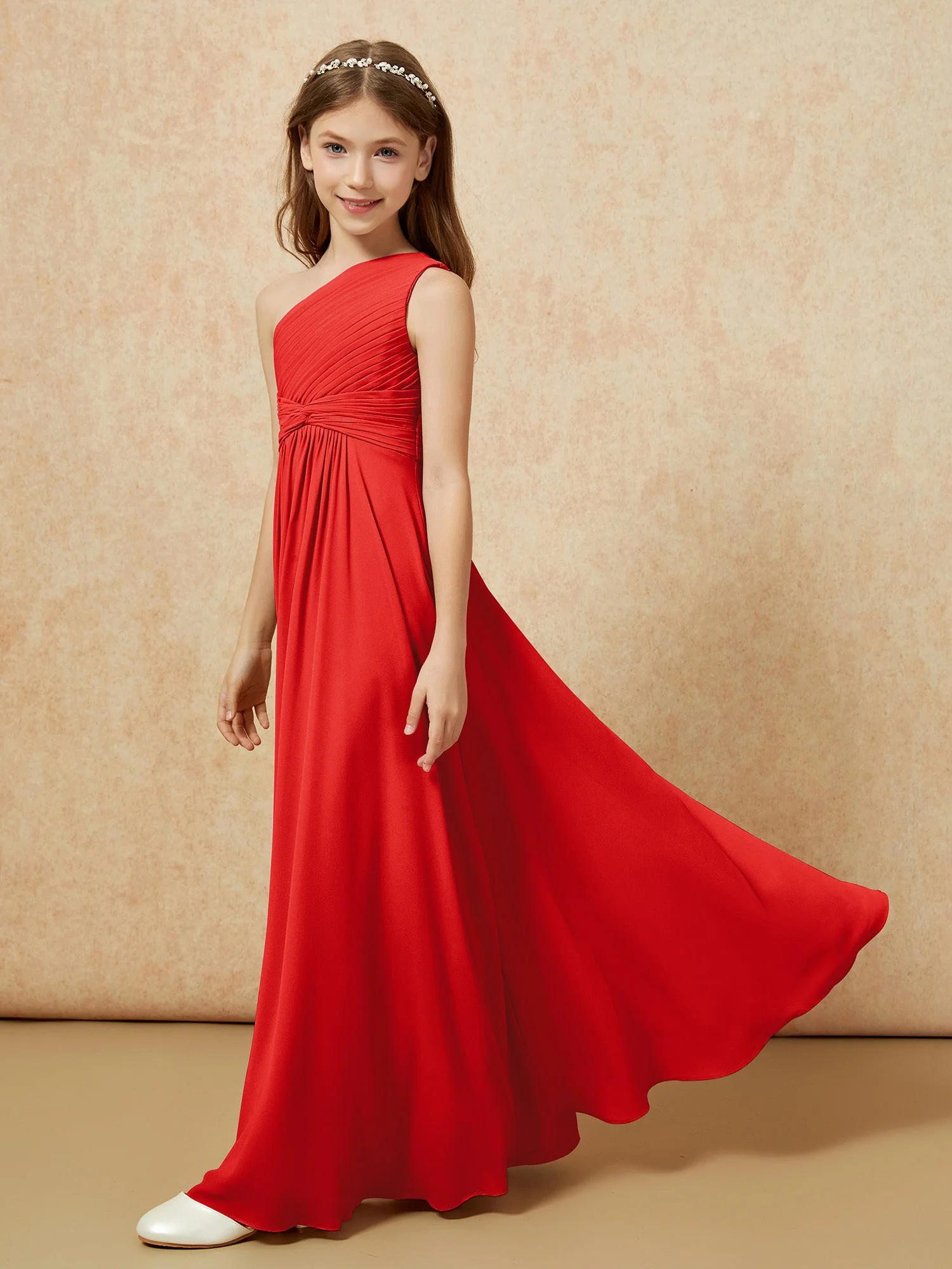 Chiffon Plissee Junge Brautjungfernkleid mit Schulterteil Rot - Image 3