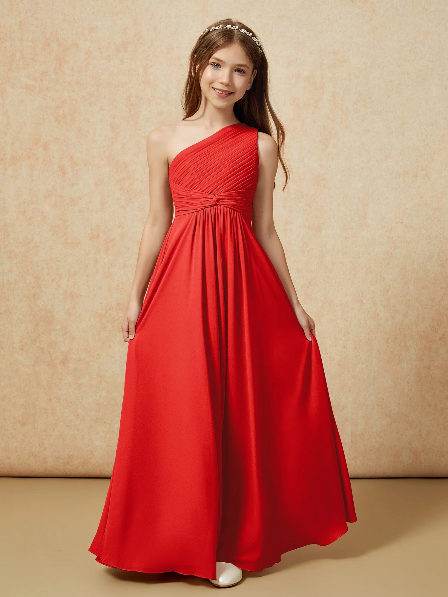 Chiffon Plissee Junge Brautjungfernkleid mit Schulterteil Rot - Image 4