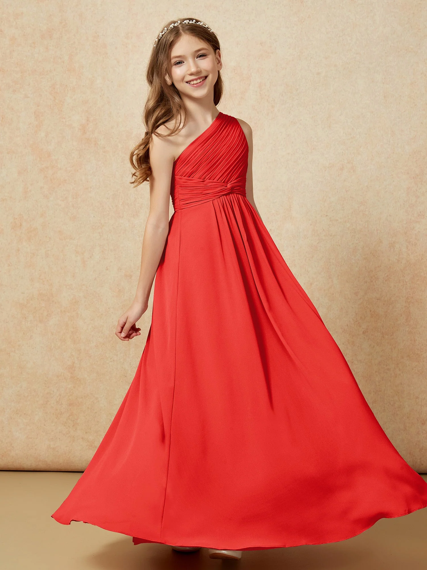 Chiffon Plissee Junge Brautjungfernkleid mit Schulterteil Rot - Image 5