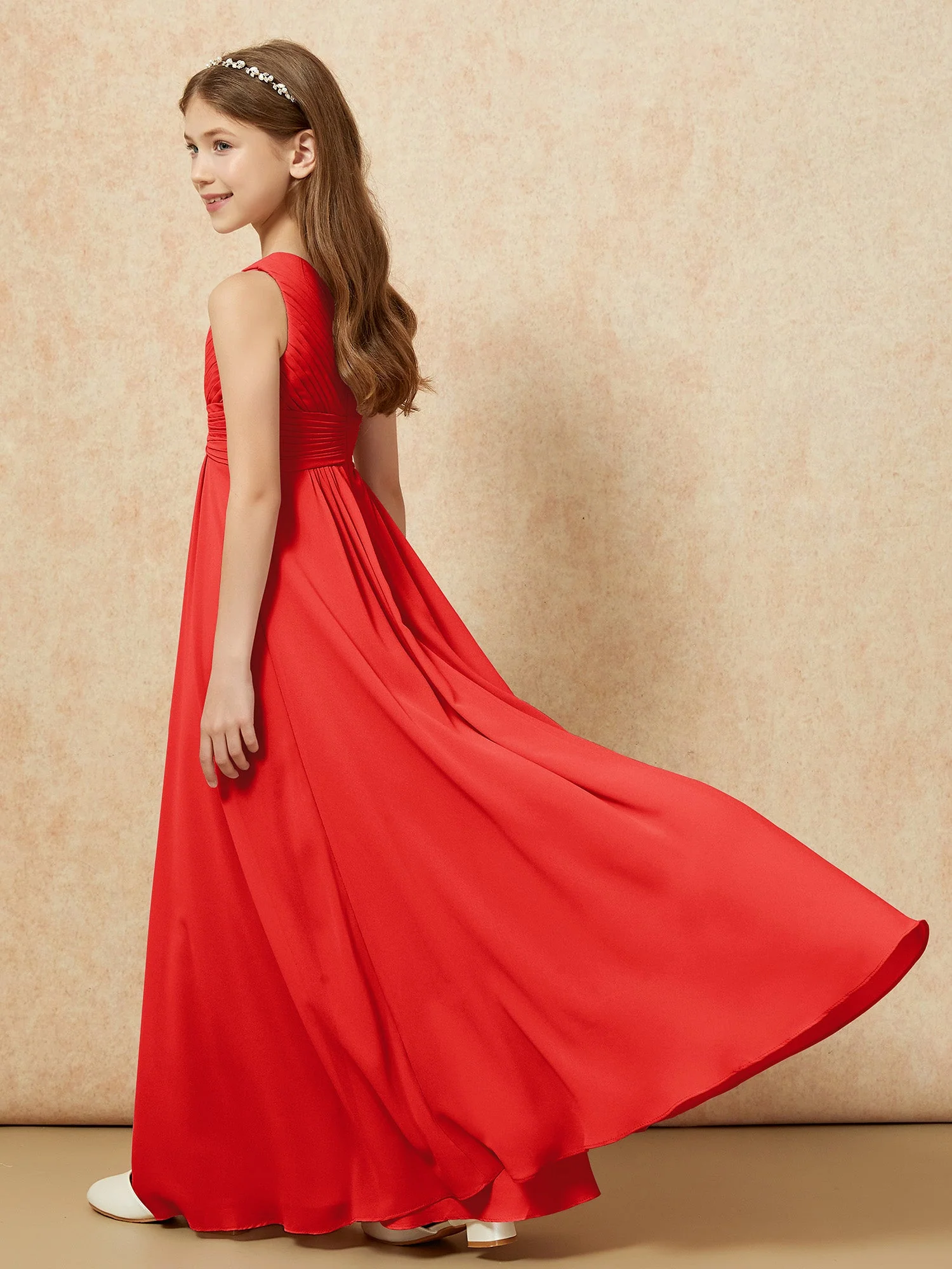 Chiffon Plissee Junge Brautjungfernkleid mit Schulterteil Rot - Image 6