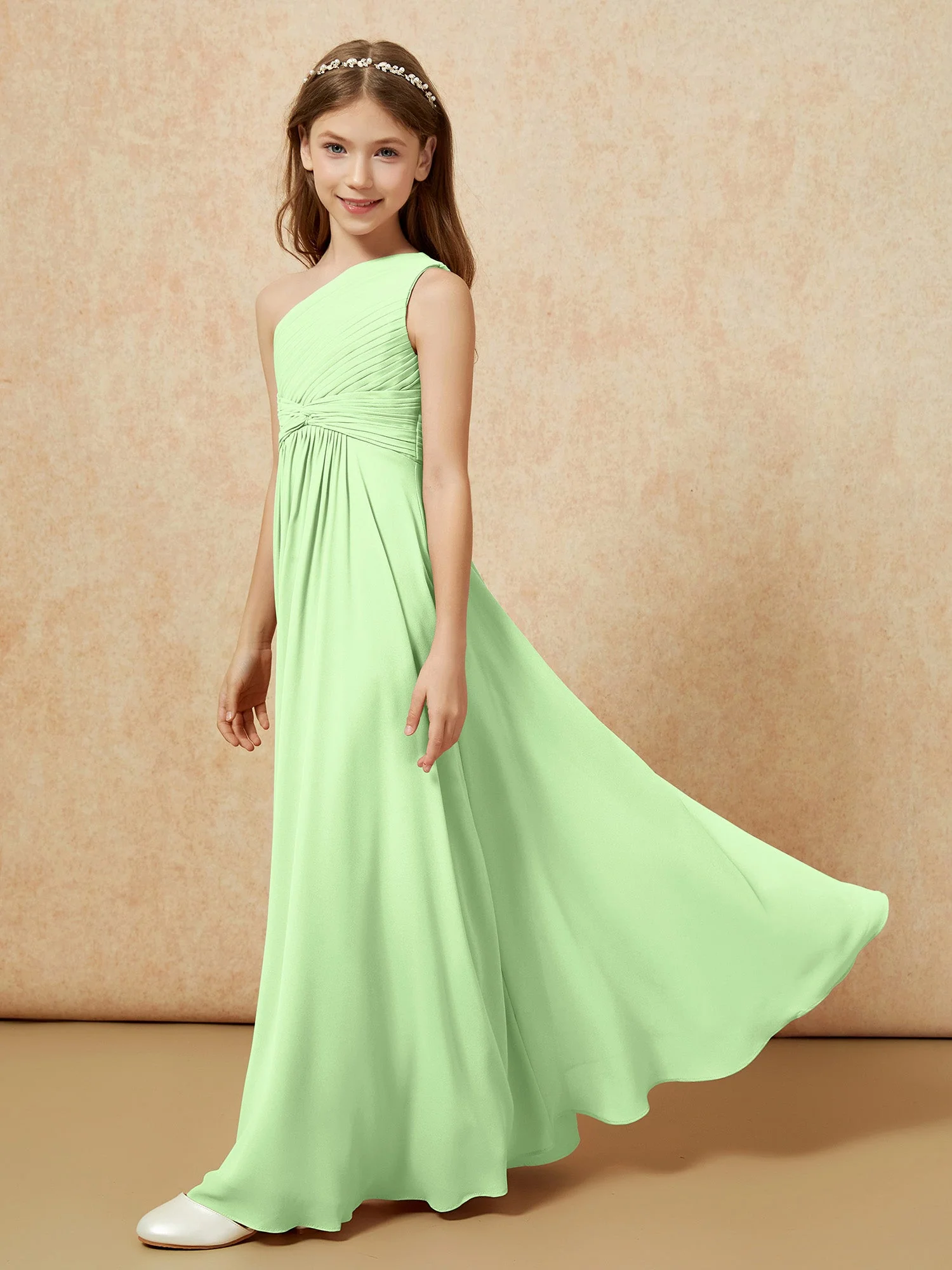 Chiffon Plissee Junge Brautjungfernkleid mit Schulterteil Salbei - Image 3