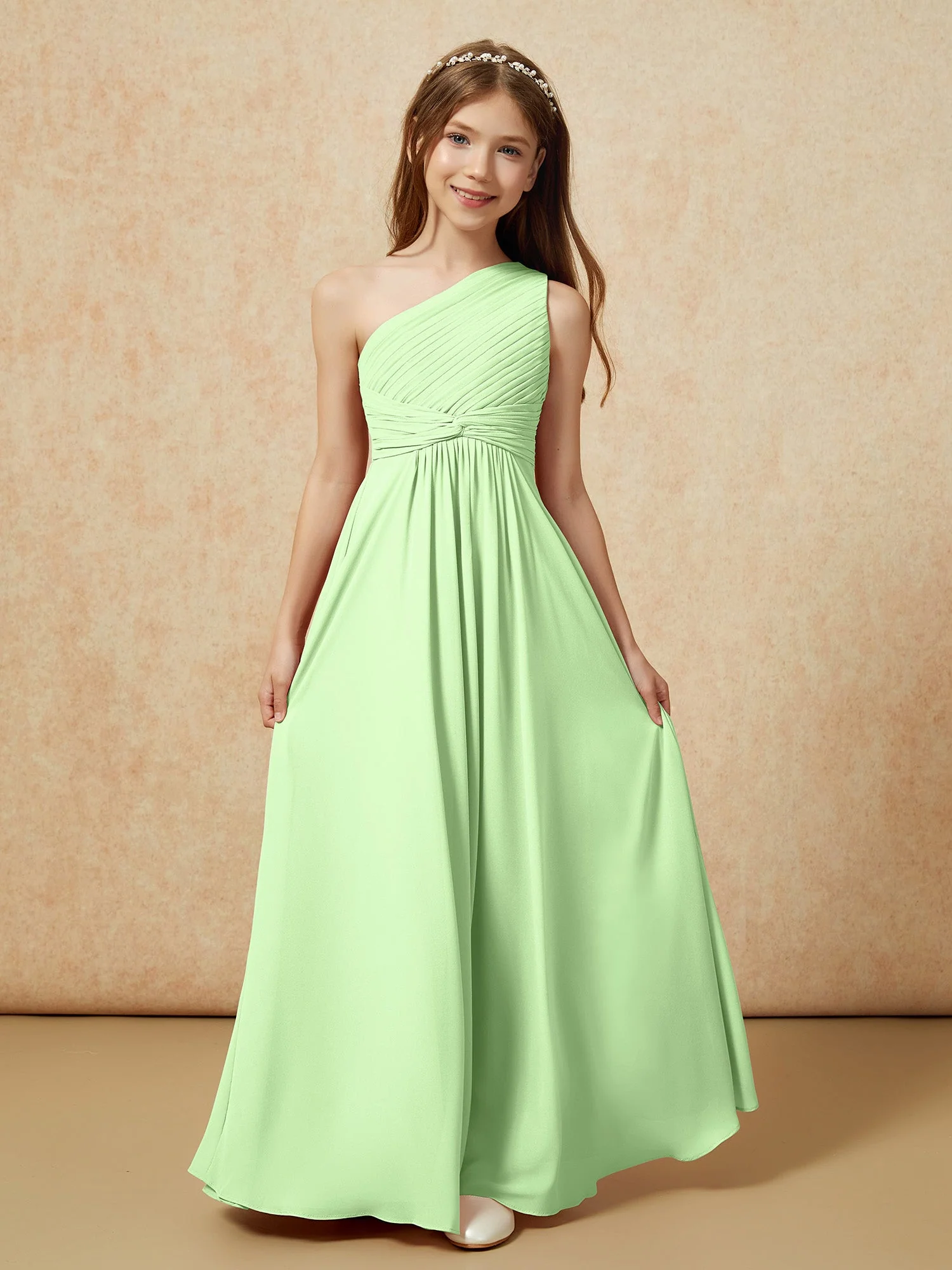 Chiffon Plissee Junge Brautjungfernkleid mit Schulterteil Salbei - Image 4