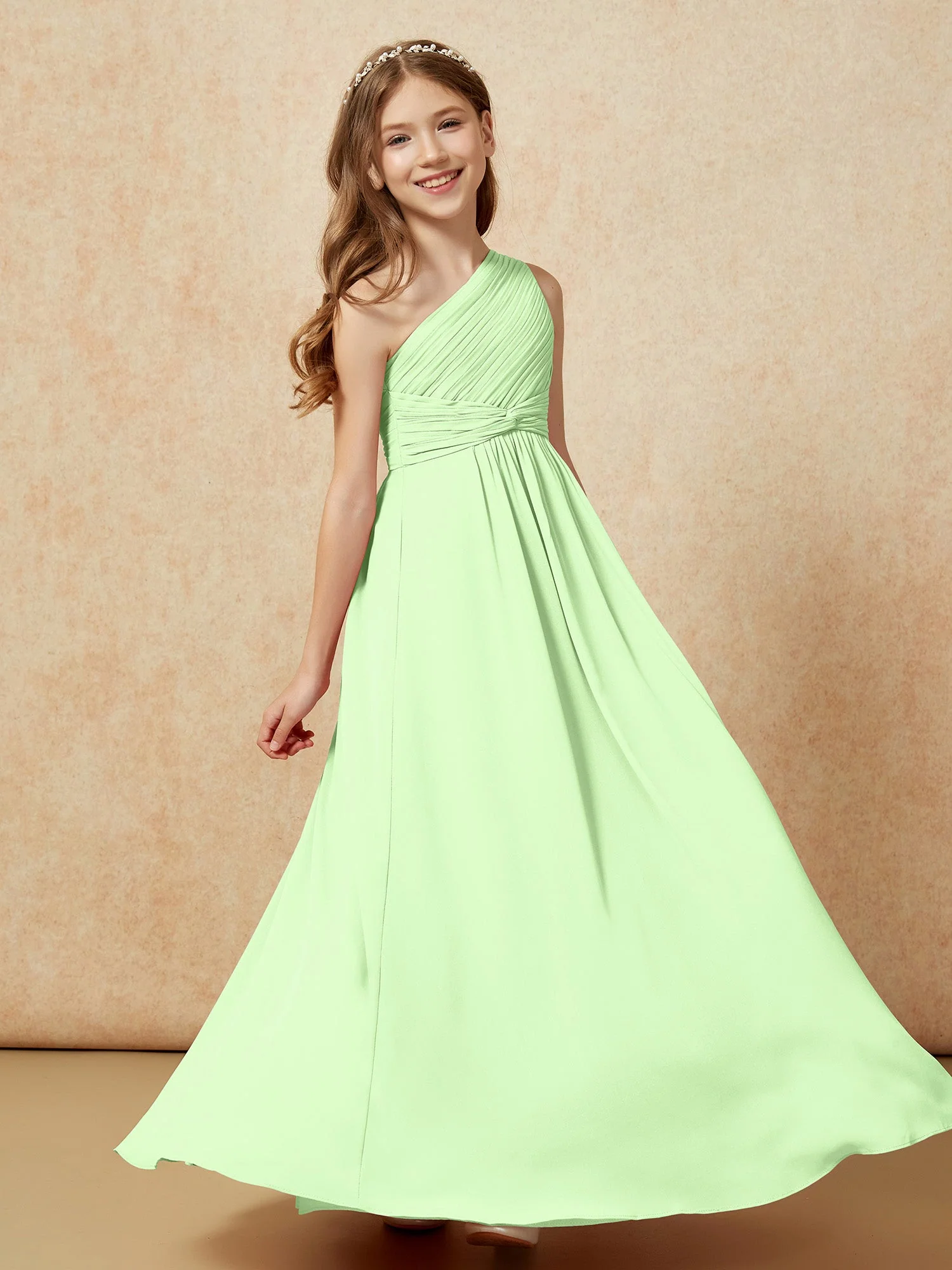 Chiffon Plissee Junge Brautjungfernkleid mit Schulterteil Salbei - Image 5