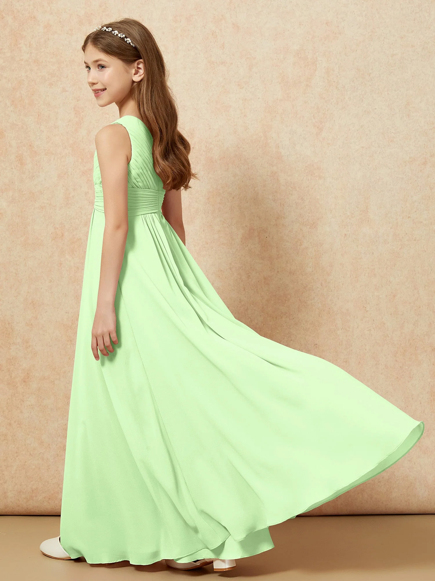 Chiffon Plissee Junge Brautjungfernkleid mit Schulterteil Salbei - Image 6