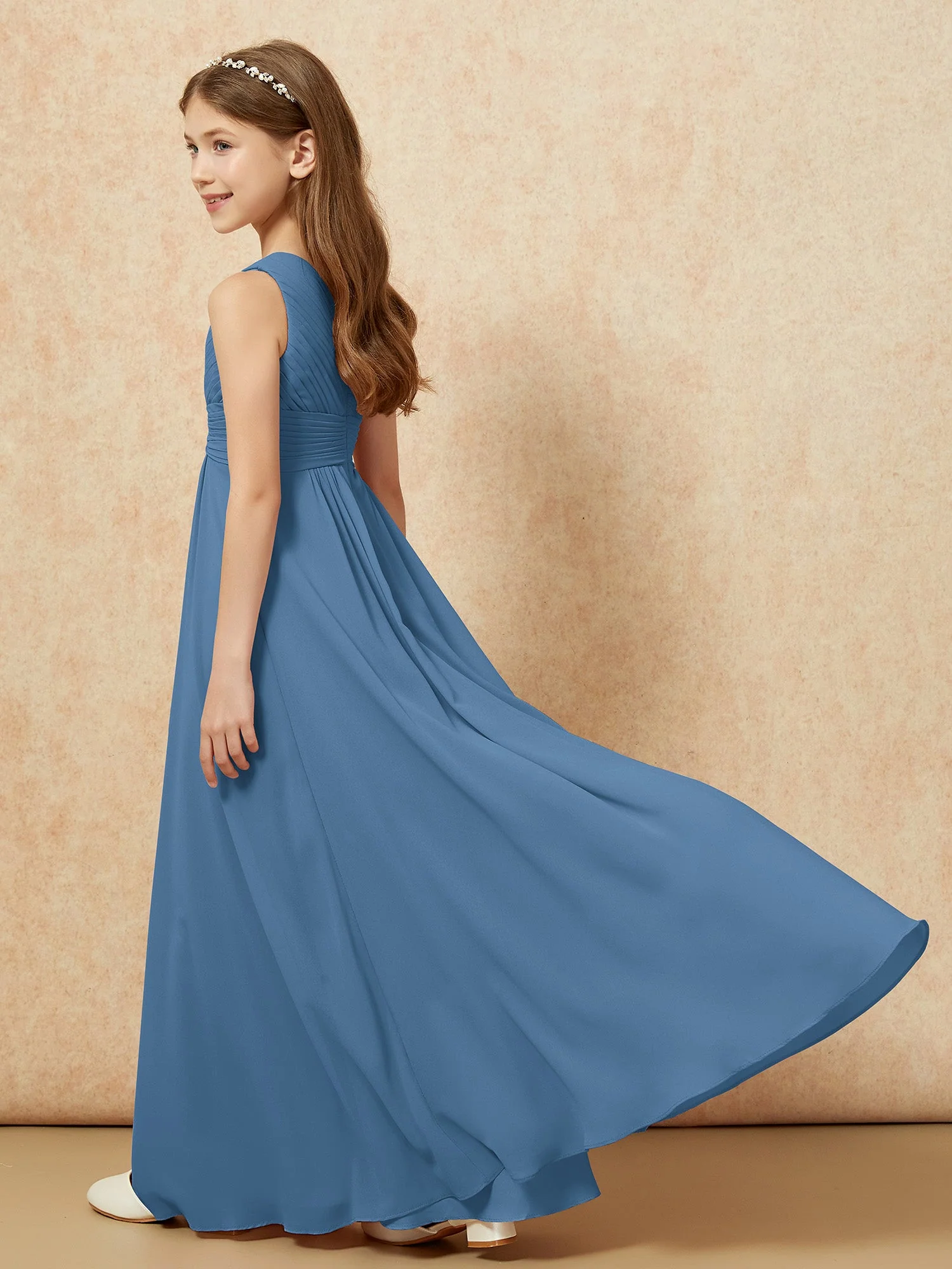 Chiffon Plissee Junge Brautjungfernkleid mit Schulterteil Schiefer Blau - Image 6