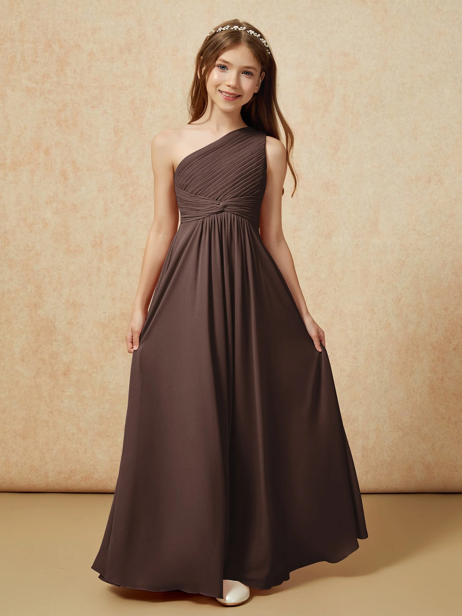 Chiffon Plissee Junge Brautjungfernkleid mit Schulterteil Schokolade - Image 4