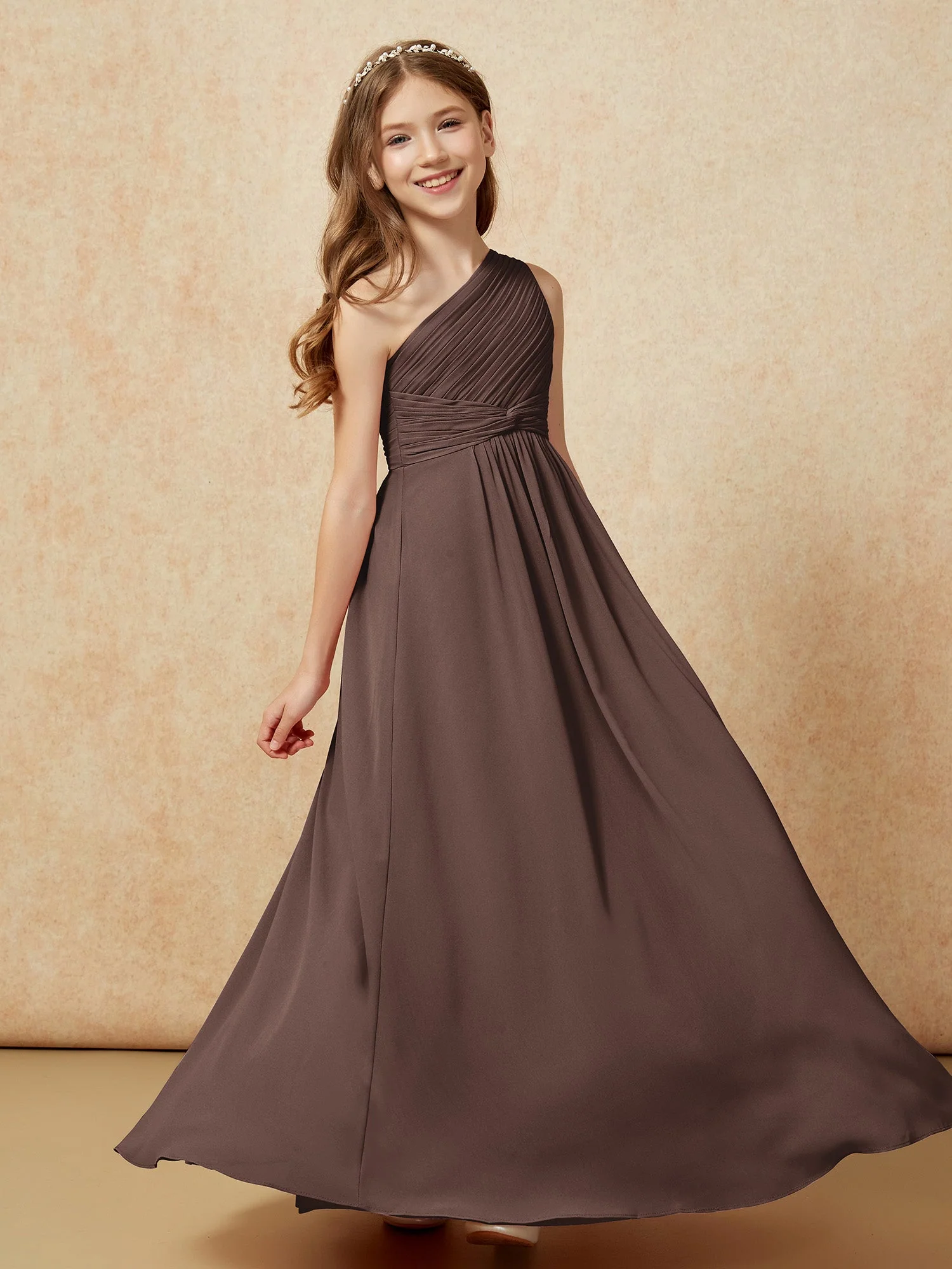 Chiffon Plissee Junge Brautjungfernkleid mit Schulterteil Schokolade - Image 5