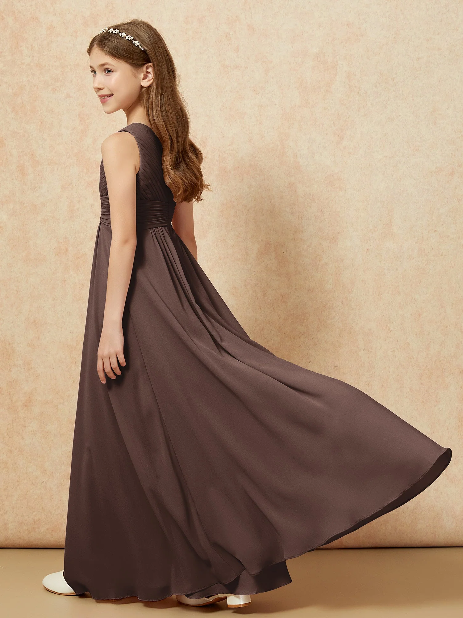 Chiffon Plissee Junge Brautjungfernkleid mit Schulterteil Schokolade - Image 6